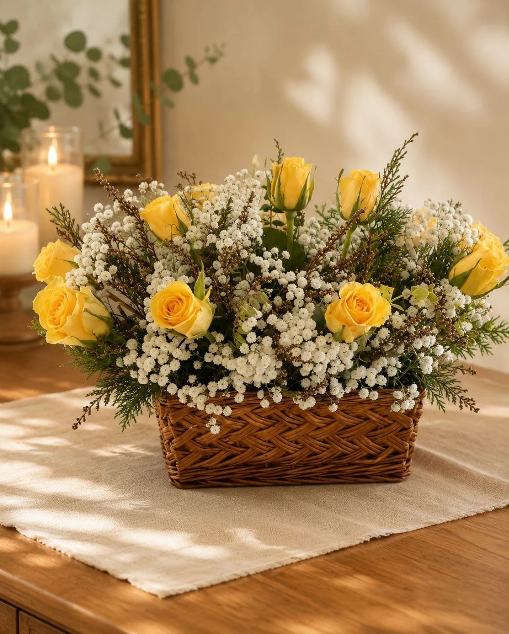 A basket of yellow roses and white baby's breath flowers on a wooden table with a cream-colored table runner, candles in the background.