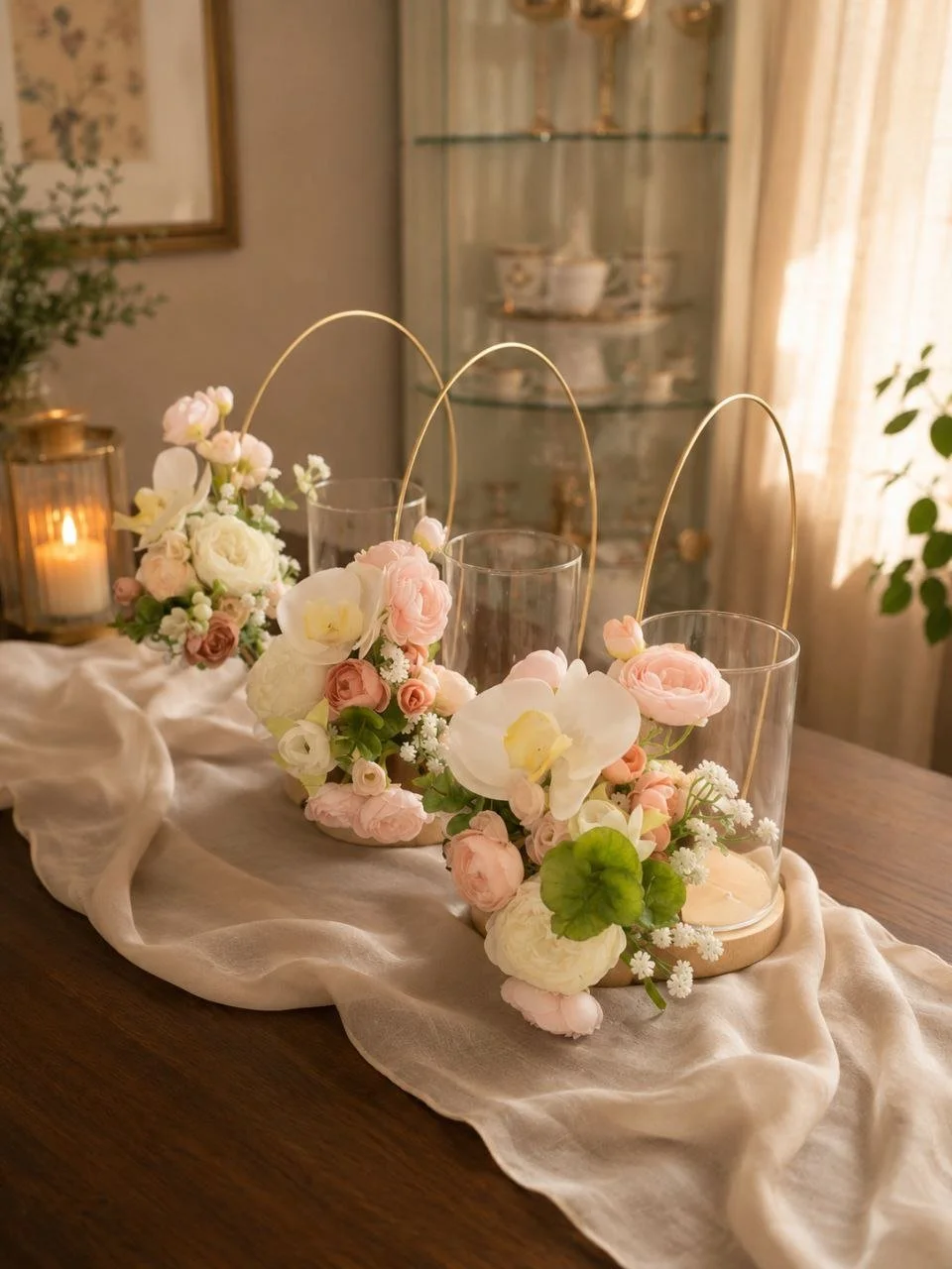 Gift table centerpiece with white and pink flowers, glass candle holders, and gold arches on a wooden table draped with white fabric in a cozy, warmly lit room. Elegant center pieces for a modern wedding.