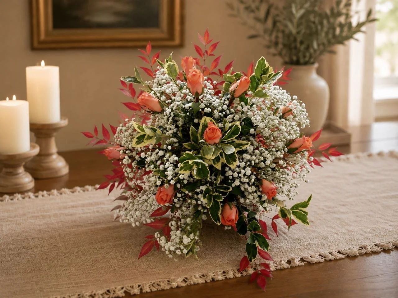 A floral arrangement with peach roses, white baby's breath, and variegated green and white leaves on a wooden table with candles and a framed painting in the background.