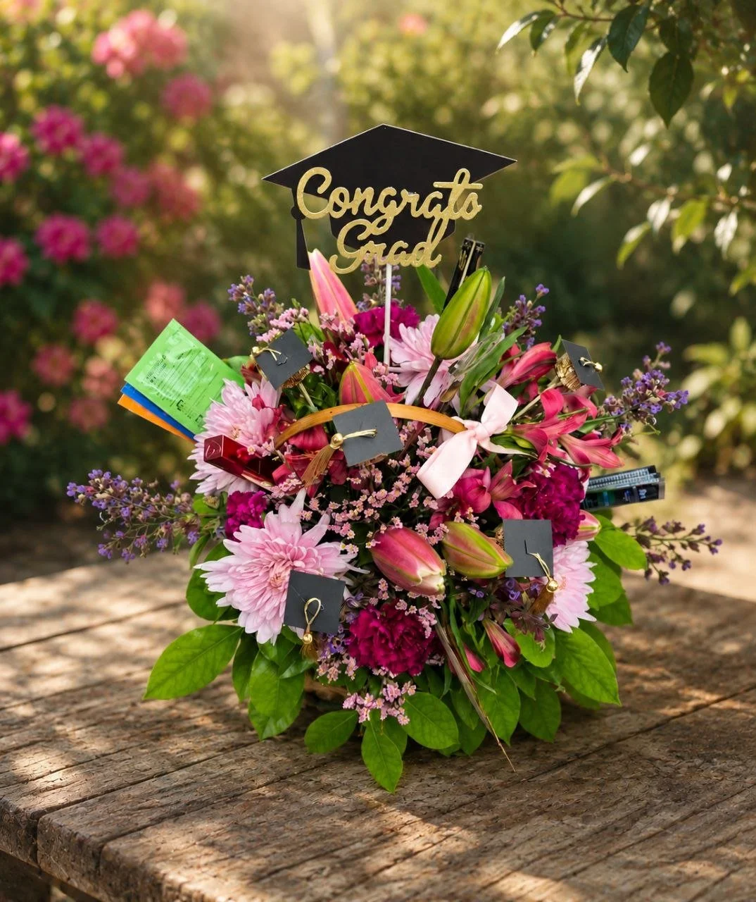 A flower arrangement with pink, purple, and green flowers, decorated with small graduation caps and a sign that says 'Congrats Grad,' placed on a wooden table outdoors.