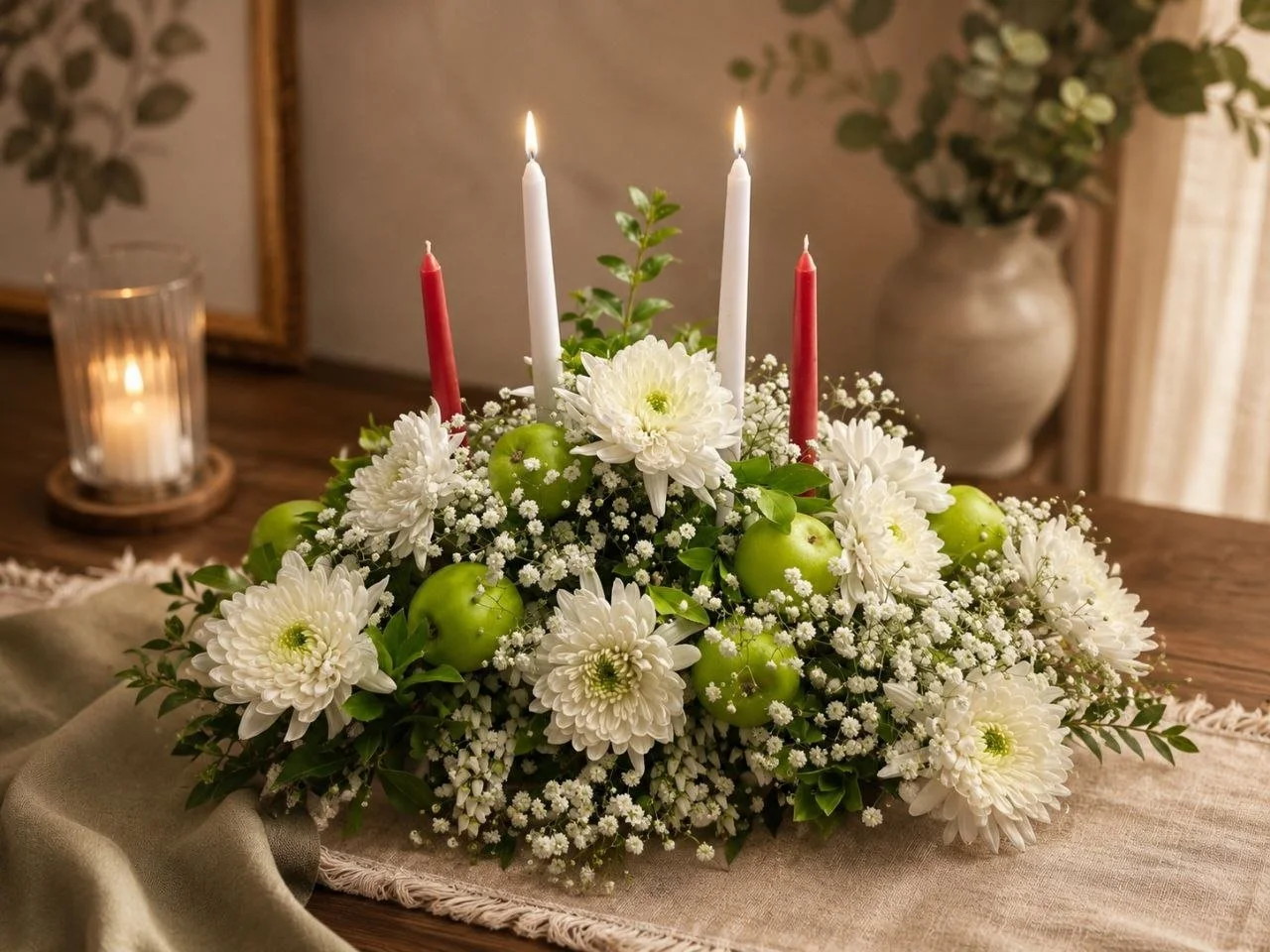 A floral centerpiece with white flowers, green apples, and candles on a dining table. Luxury sympathy arrangement