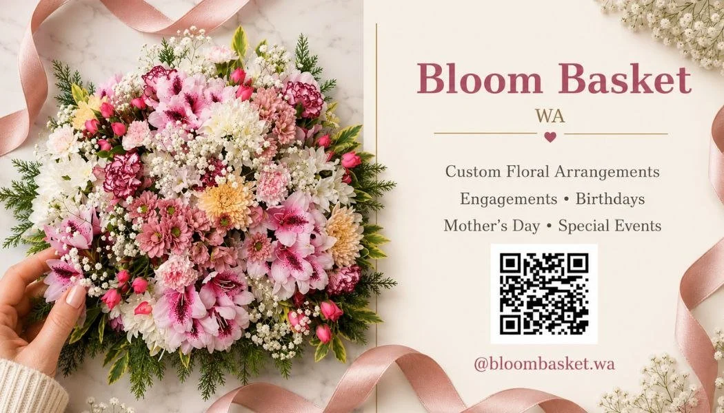 A colorful floral arrangement of pink, white, and yellow flowers with greenery, held by a hand. Next to the flowers, there is a business card for Bloom Basket WA, showcasing a QR code, contact info, and details for floral services like weddings, birthdays, and special events.