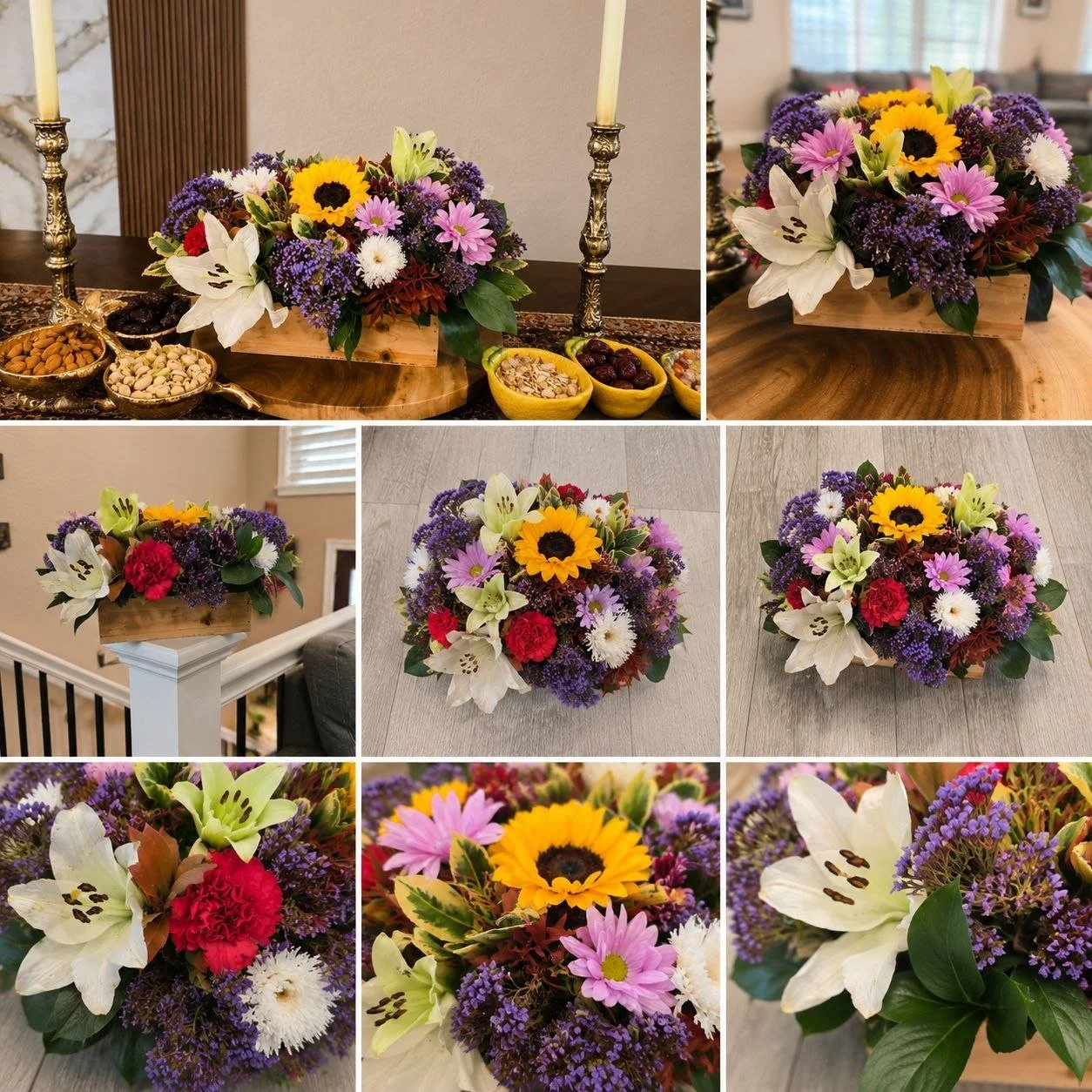 A collage of various floral arrangements featuring sunflowers, lilies, purple statice, pink daisies, and red carnations in wooden and ceramic containers, with some arrangements set on tables, surfaces, and a staircase banister, decorated with candles and snacks in the background.