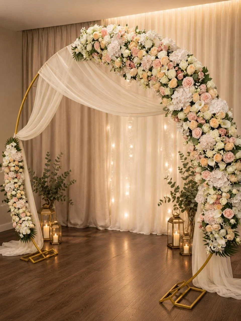 A wedding arch decorated with pink and white roses, hydrangeas, and greenery, draped with sheer white fabric, set against a backdrop of cream-colored curtains and warm string lights on a wooden floor.