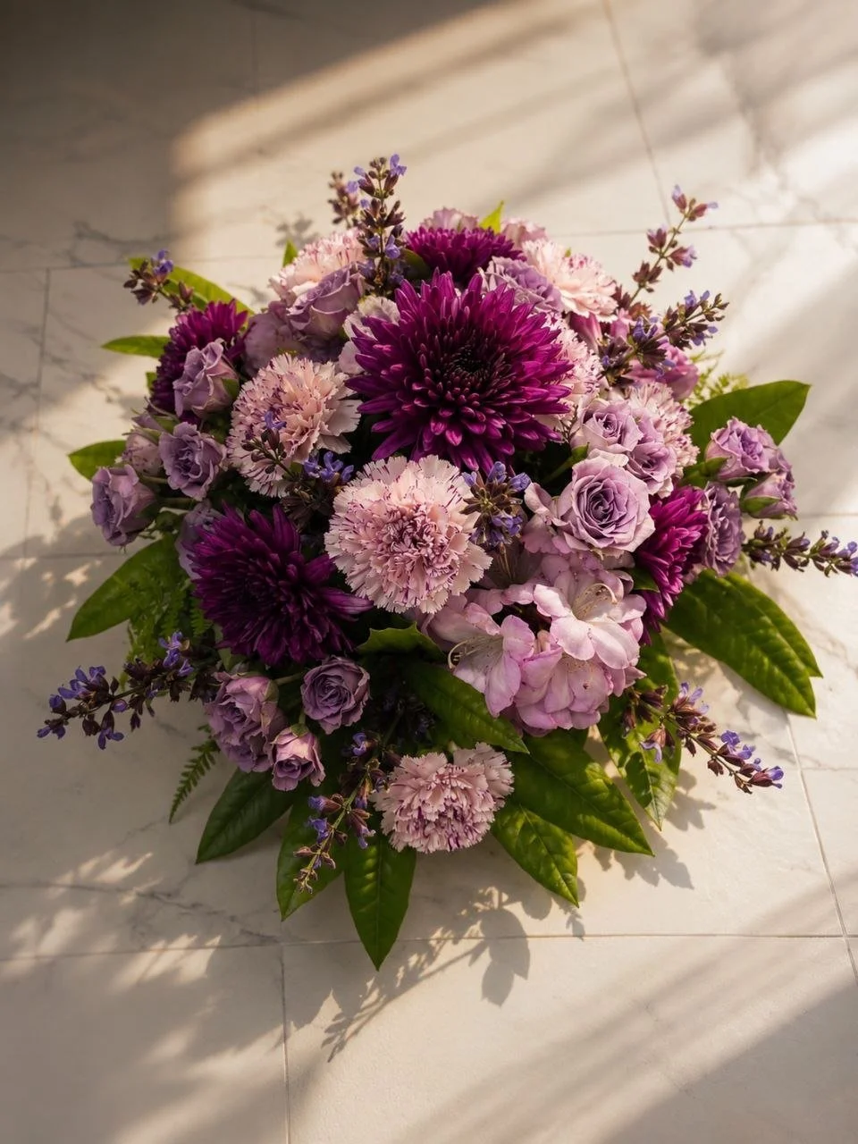 A flower bouquet with purple, pink, and lavender flowers on a white tiled floor with shadows.