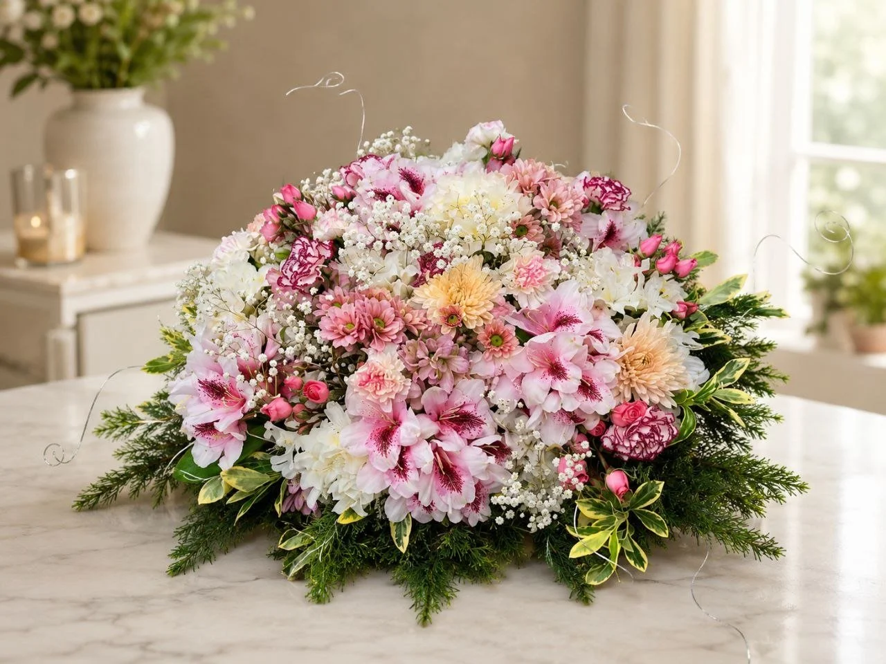 A large bouquet of pink, white, and cream flowers with greenery on a marble table in a bright room for mother's day.