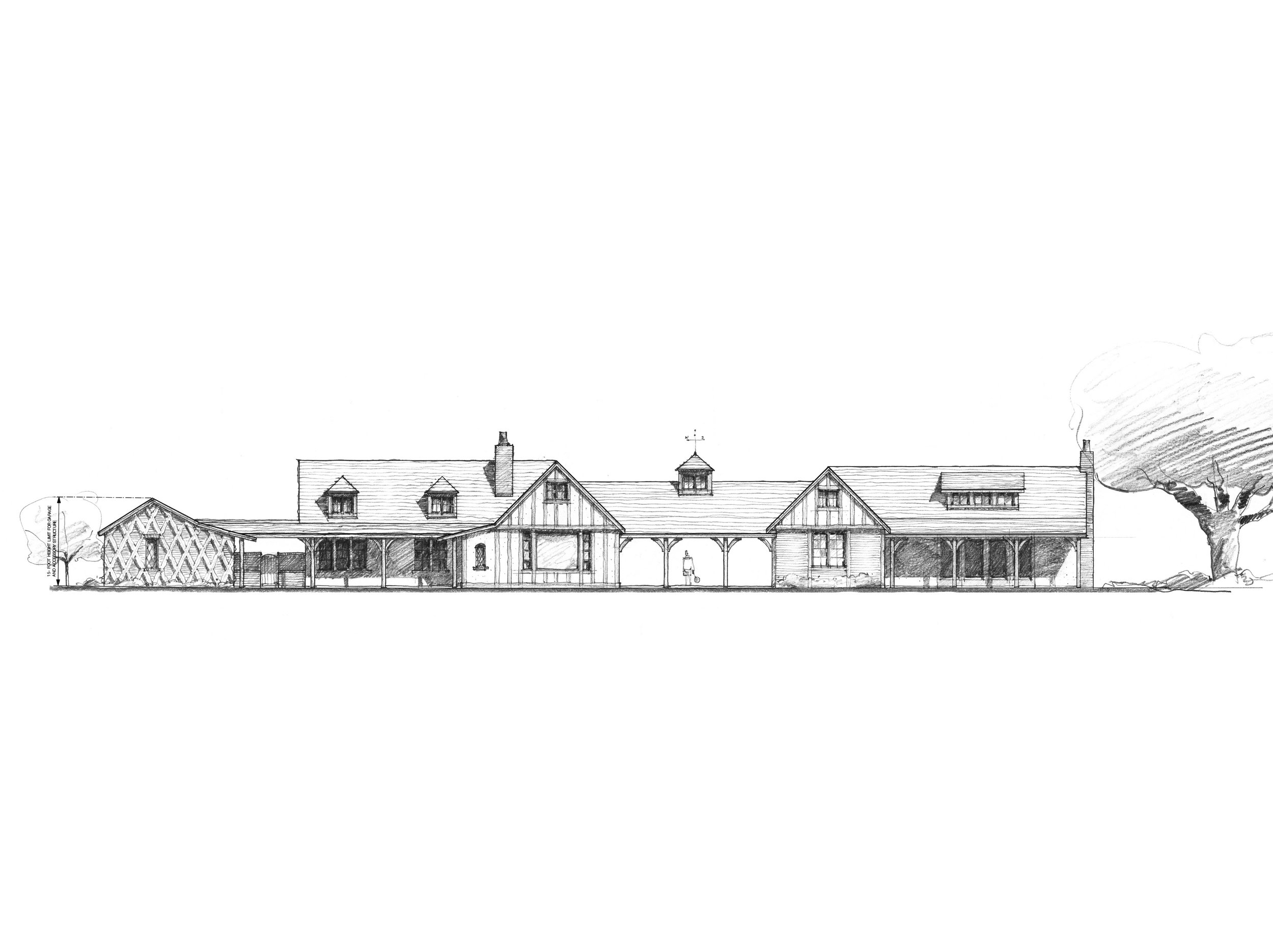 A black-and-white architectural drawing of a large house with a steep roof, multiple gables, chimneys, and a front porch, surrounded by trees and shrubbery.