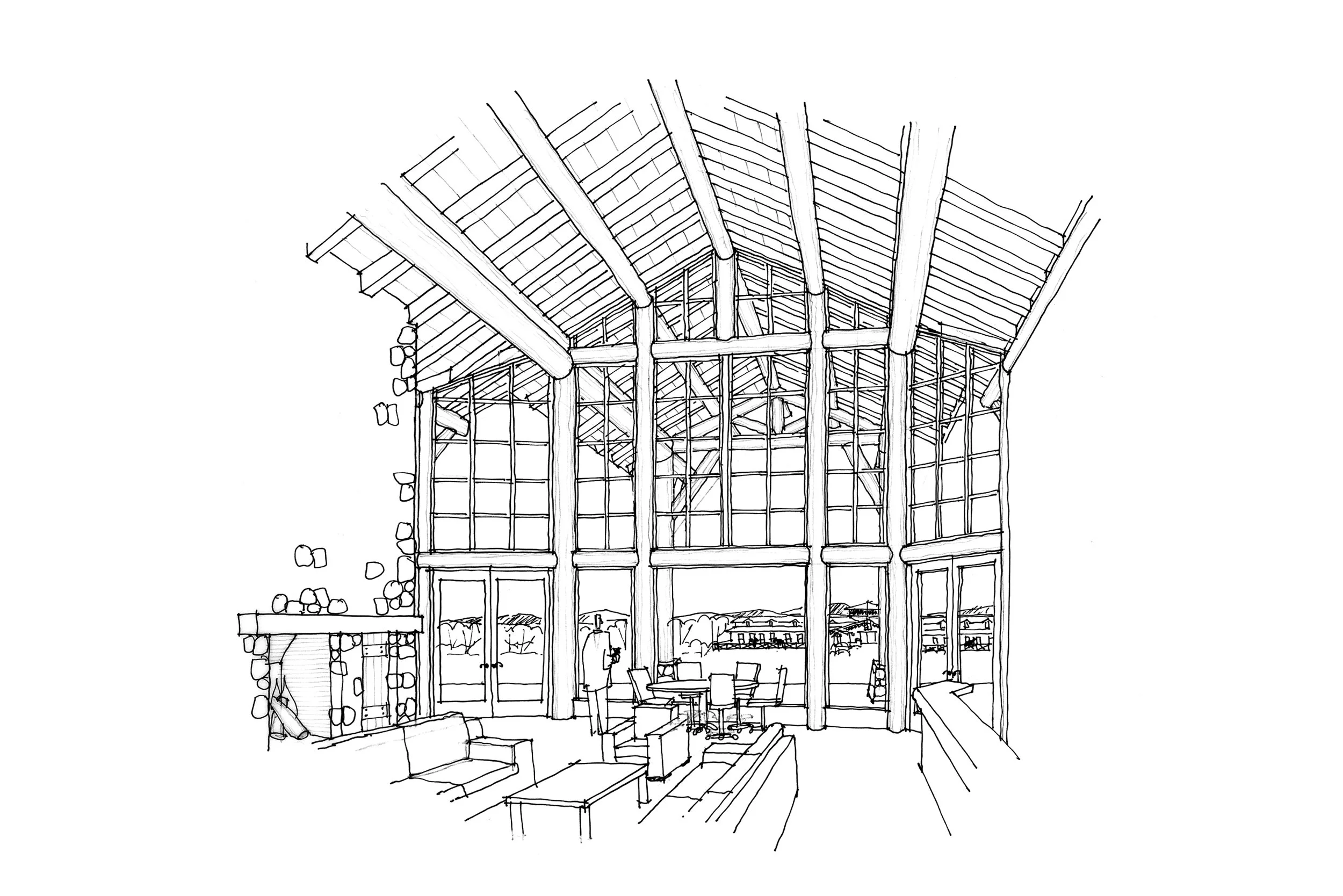 Sketch of a spacious interior with large glass windows and vaulted wooden ceiling beams, featuring furniture and decor.