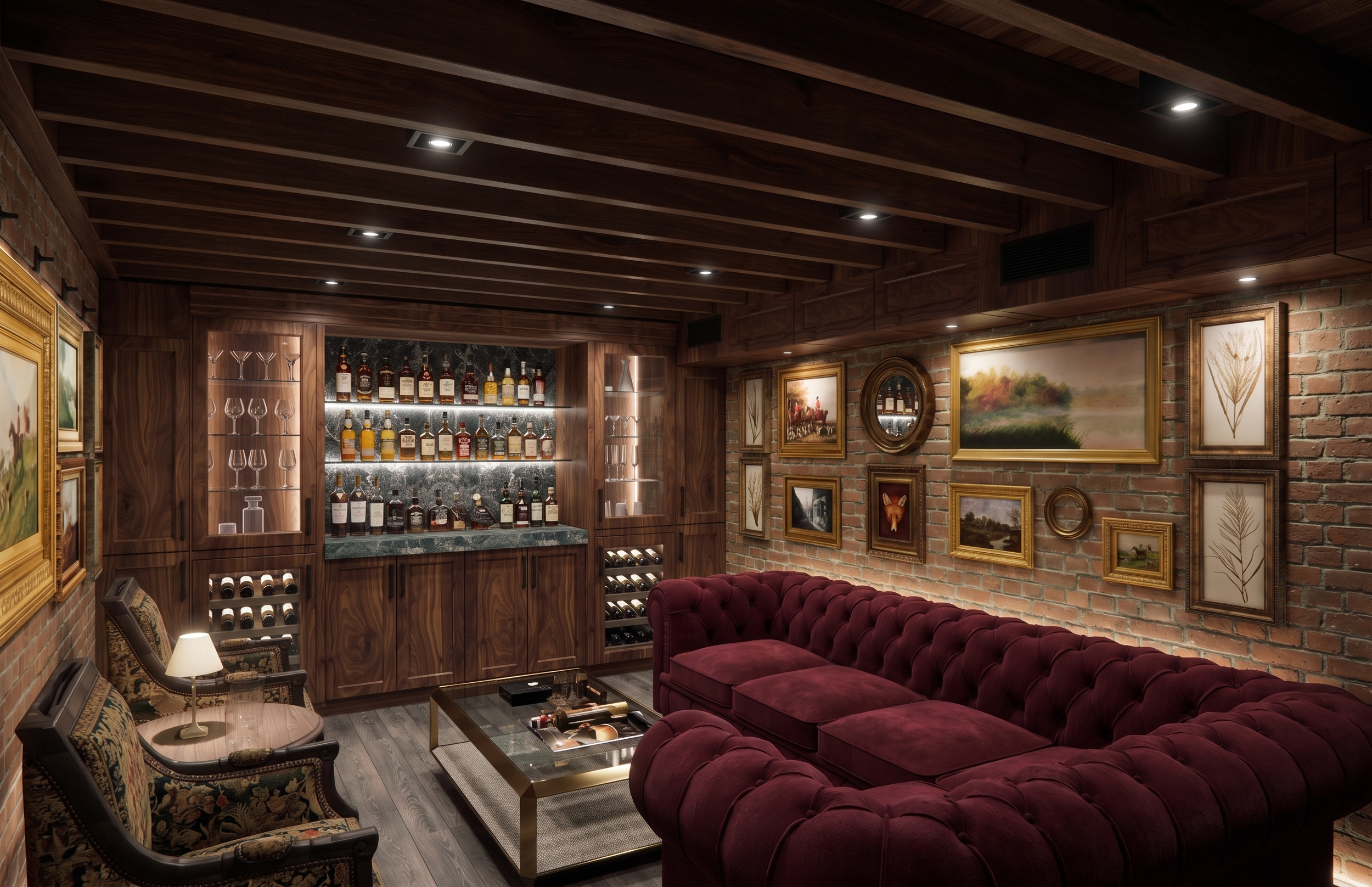A cozy basement bar area with a wooden ceiling, brick walls with framed artwork, and a large red velvet sectional sofa. There is a bar with liquor bottles and wine glasses, a glass coffee table, patterned armchairs with a small side table and lamp, a