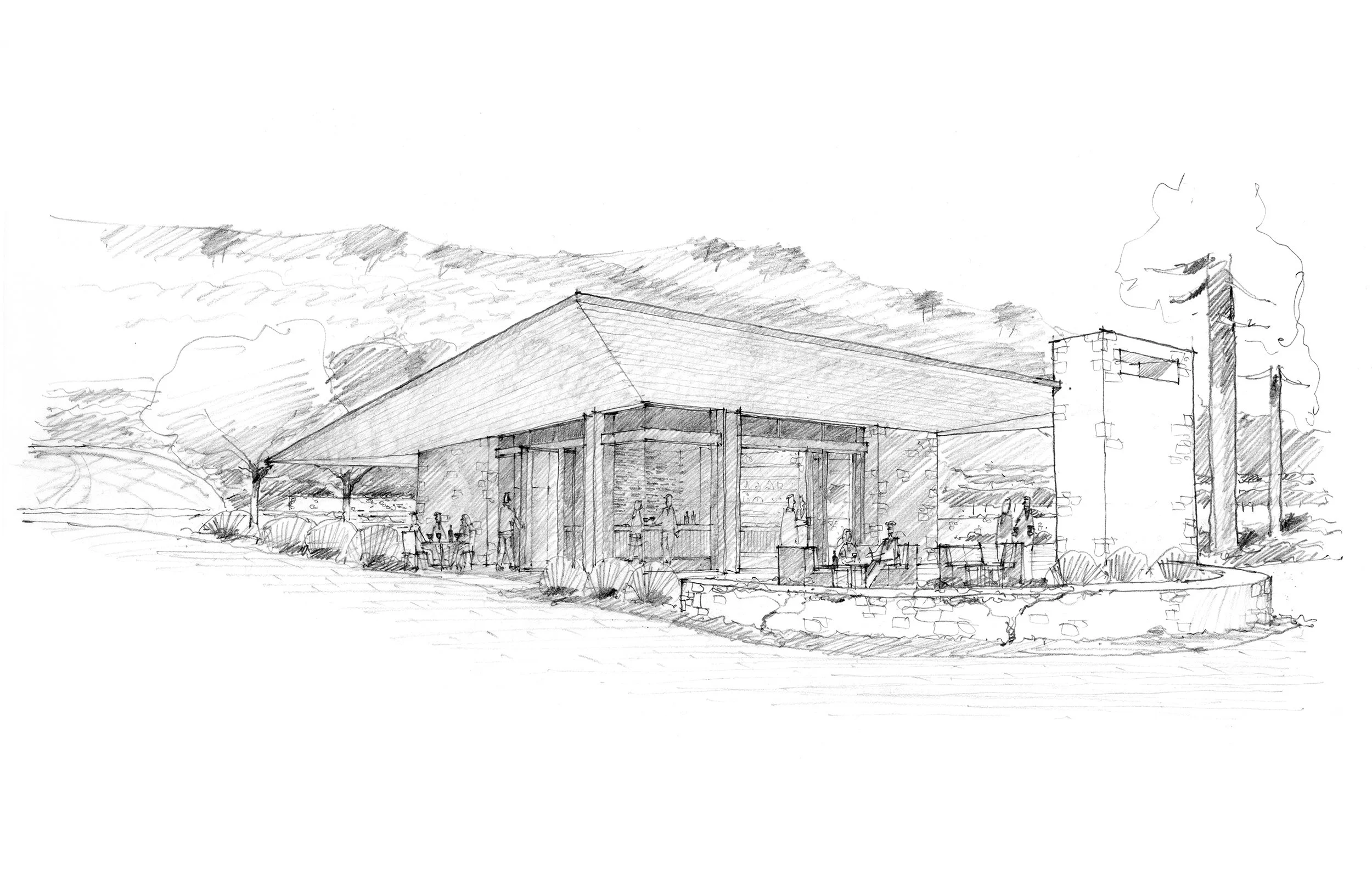 A detailed sketch of a Hospitality building for a winery by Tom Taylor.