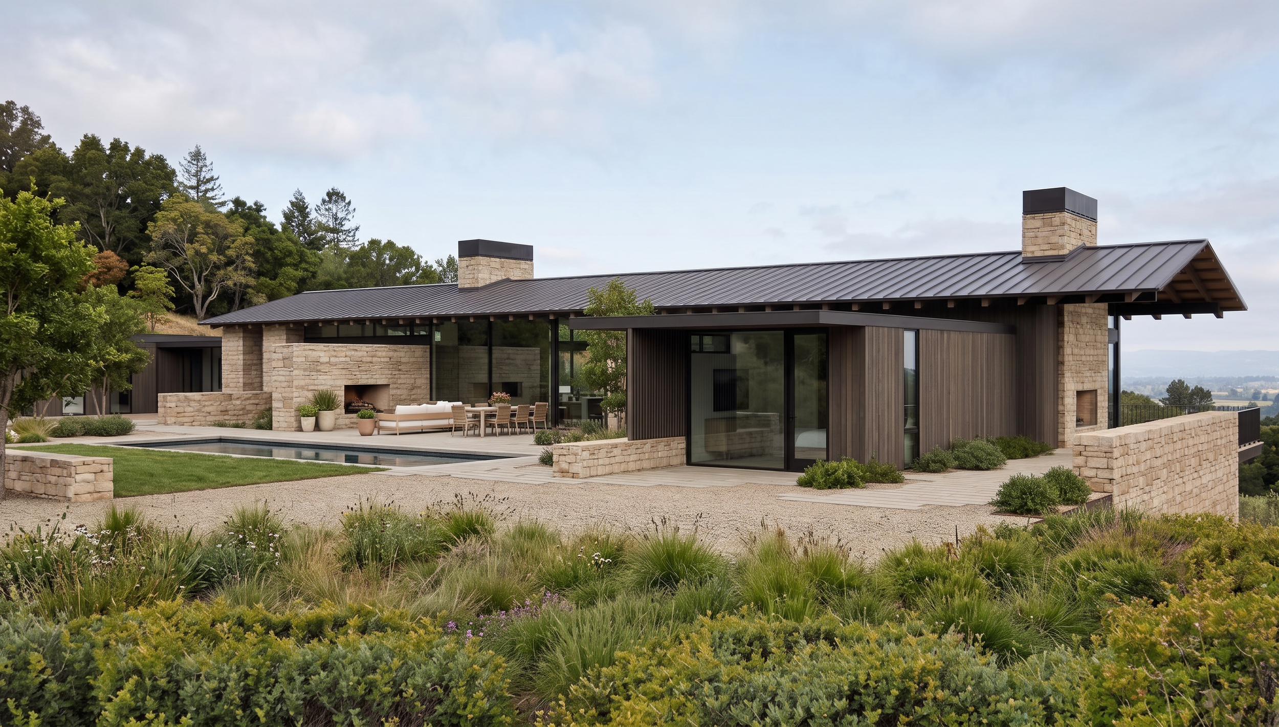 Modern house with stone and wood exterior, large glass doors, outdoor patio with seating, fire fireplace, swimming pool, surrounded by landscaped lawn and greenery, hilly terrain in the background, cloudy sky.