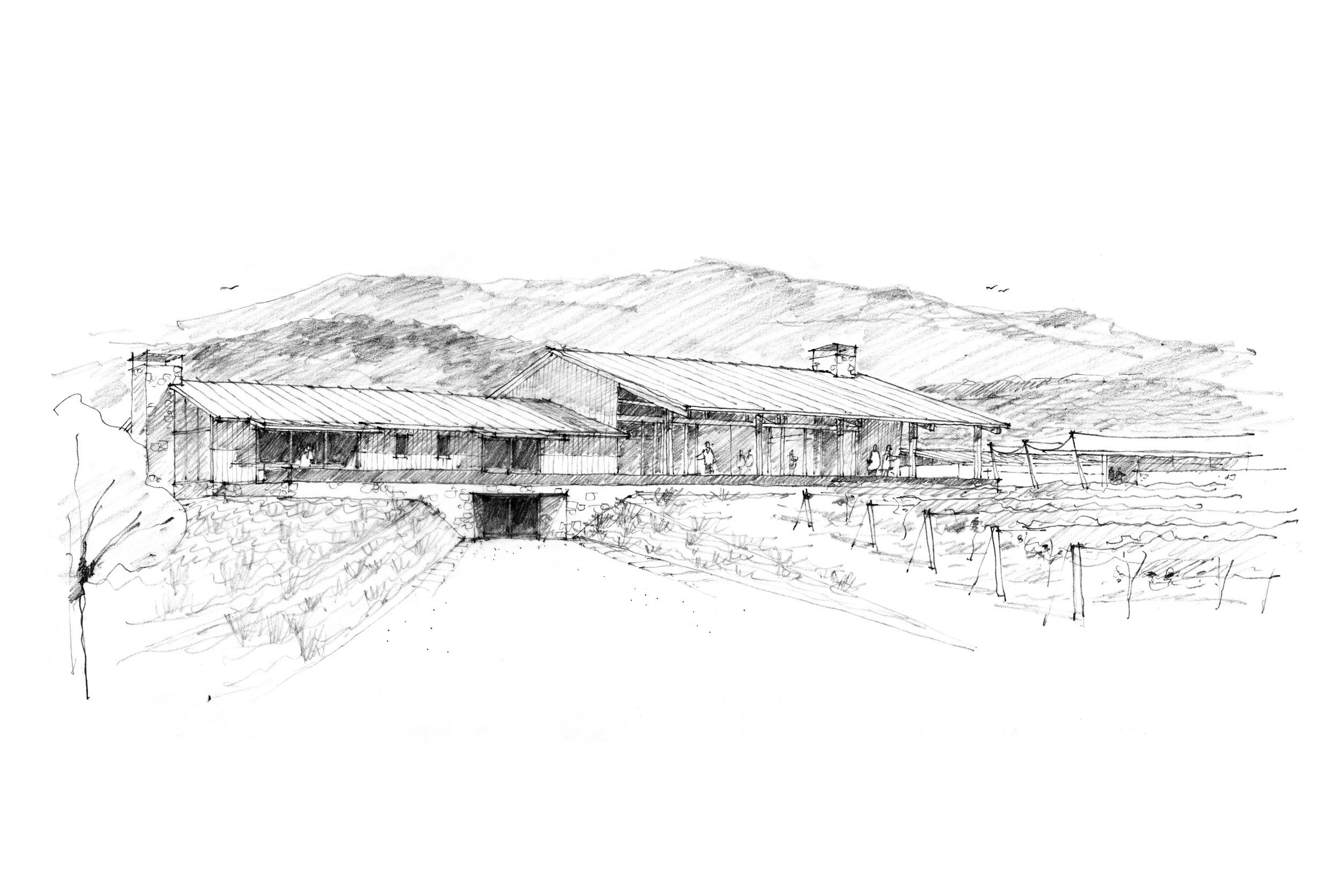 A pencil sketch of a rural landscape with buildings, hills in the background, and a staircase leading up to the structures.