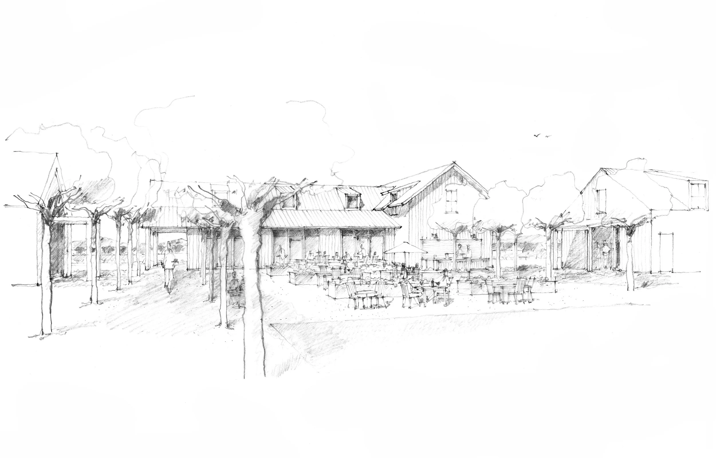 A pencil sketch of an outdoor marketplace with trees, a covered area with tables and chairs, and buildings in the background.