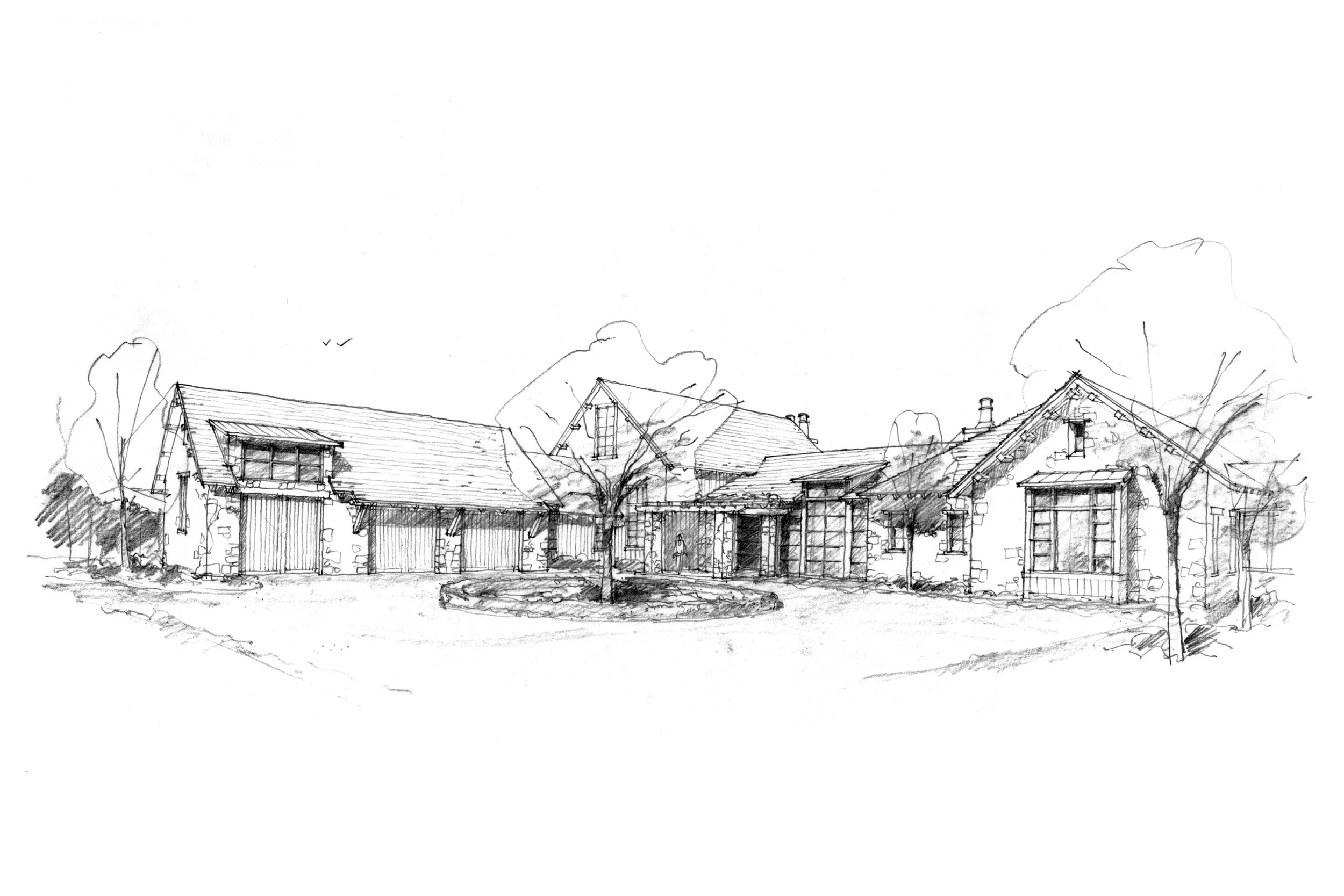 Landscape sketch of houses and trees with a clear sky.