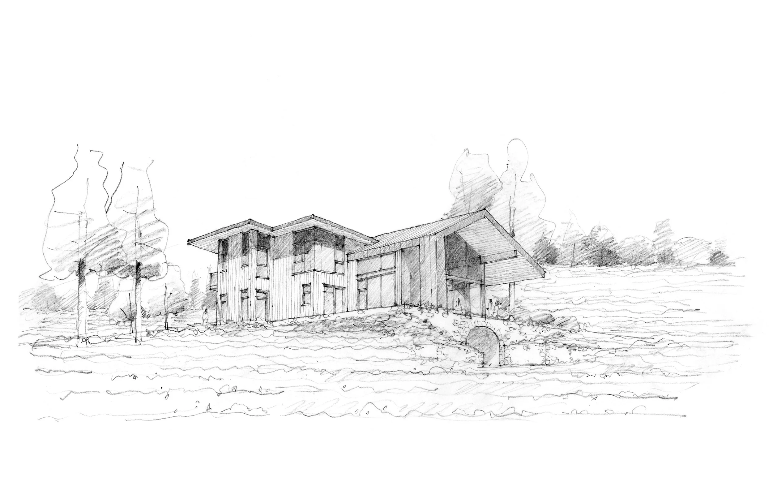 A detailed architectural sketch of a modern house with multiple levels and large windows, set amidst trees and open land.