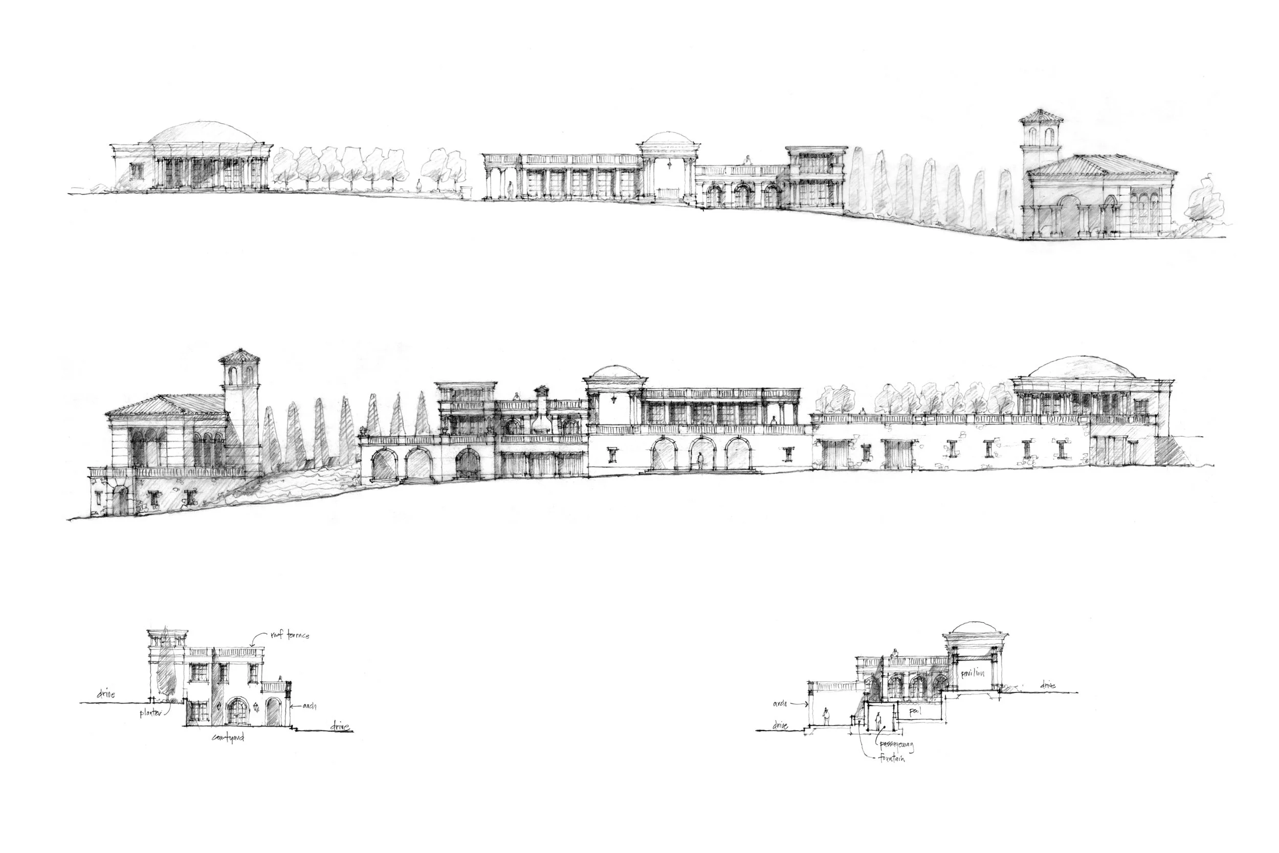 Hand-drawn architectural sketches of large buildings, including floor plans and elevations, with some labeled sections like pavilion, porch, and fountain.