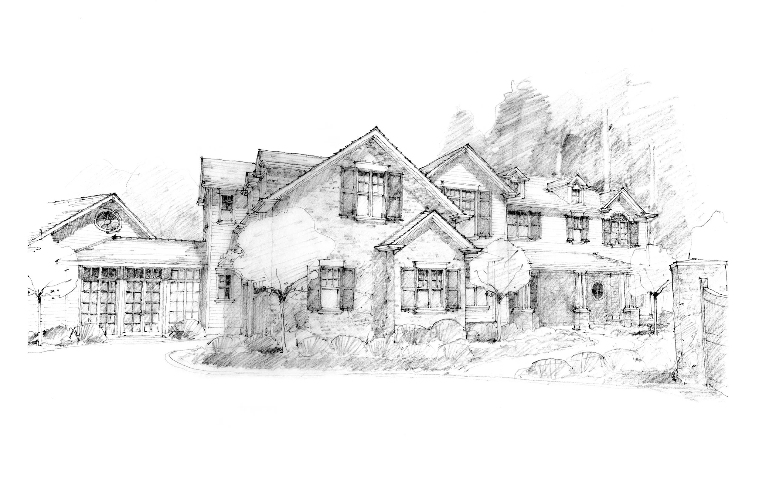A detailed sketch of a large, multi-story house with multiple gabled roofs, numerous windows, and a front porch, surrounded by trees and shrubbery.
