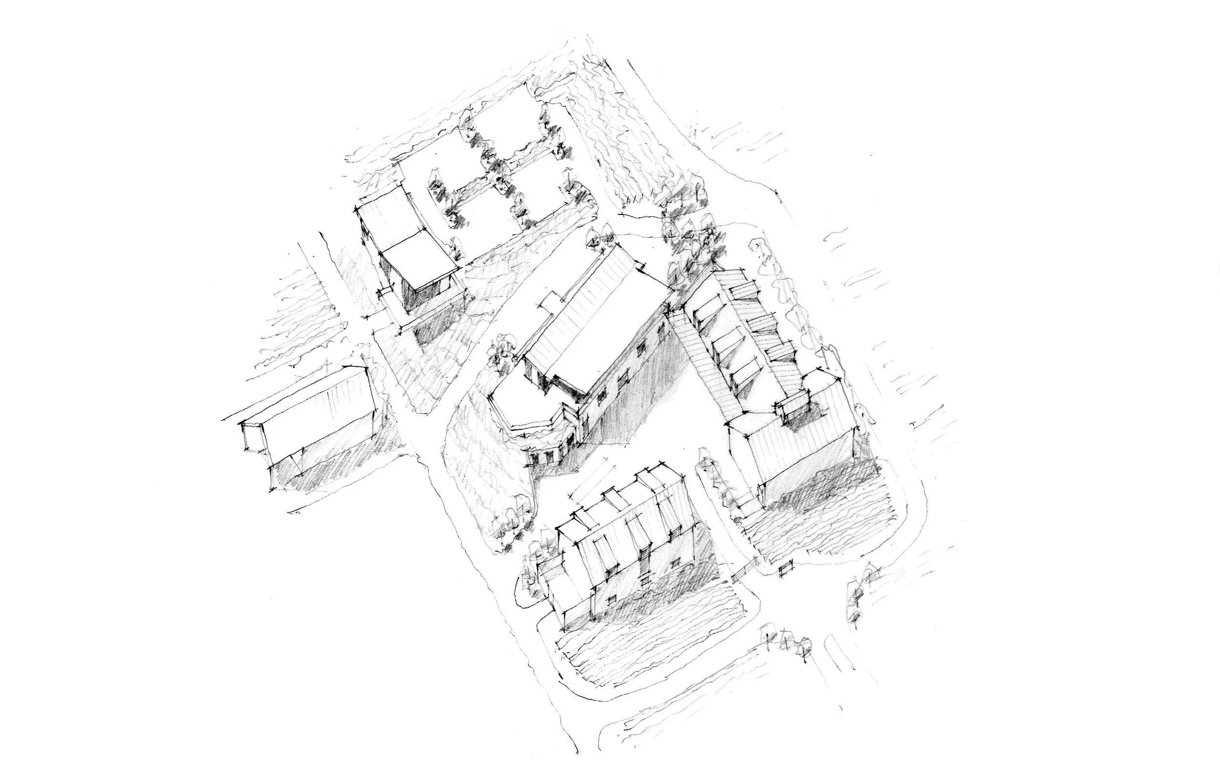 Architectural sketch of a residential neighborhood with multiple houses, streets, trees, and a small yard area.