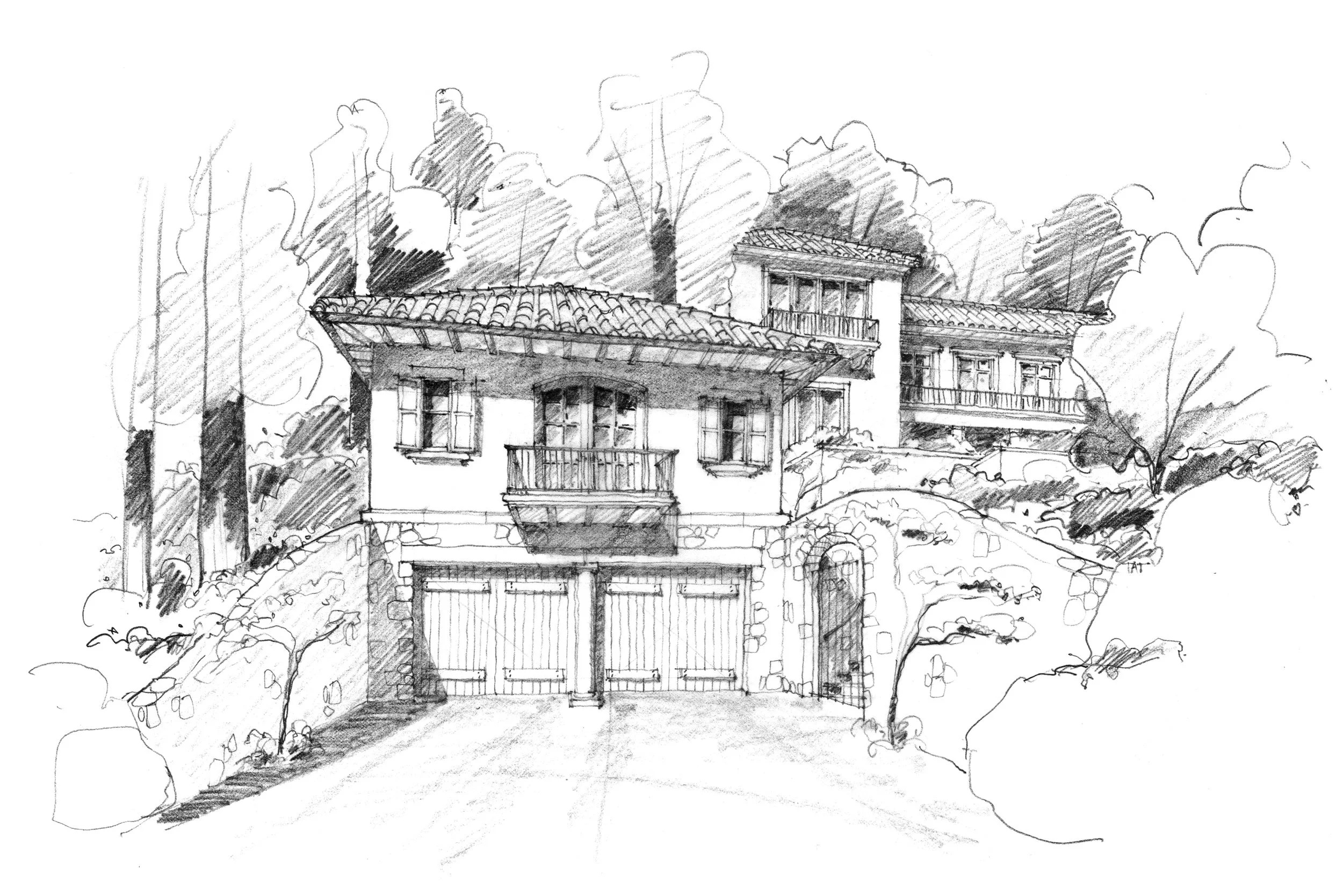 Sketch of a two-story house with a tiled roof, balcony, and garage, surrounded by trees and bushes.