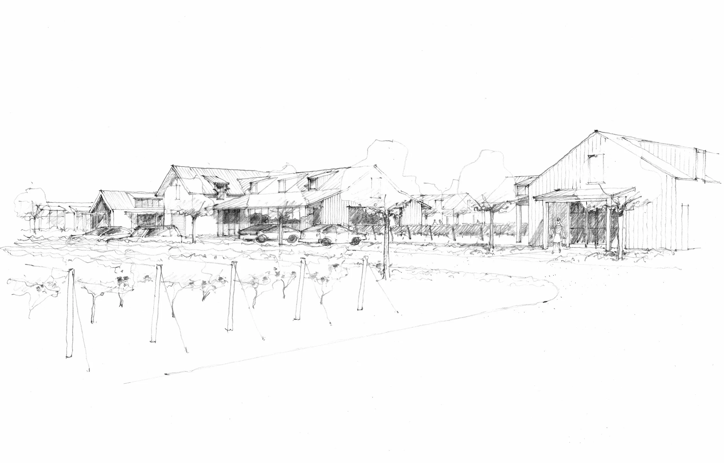 A black and white sketch of houses along a street, with trees and parked cars in front.