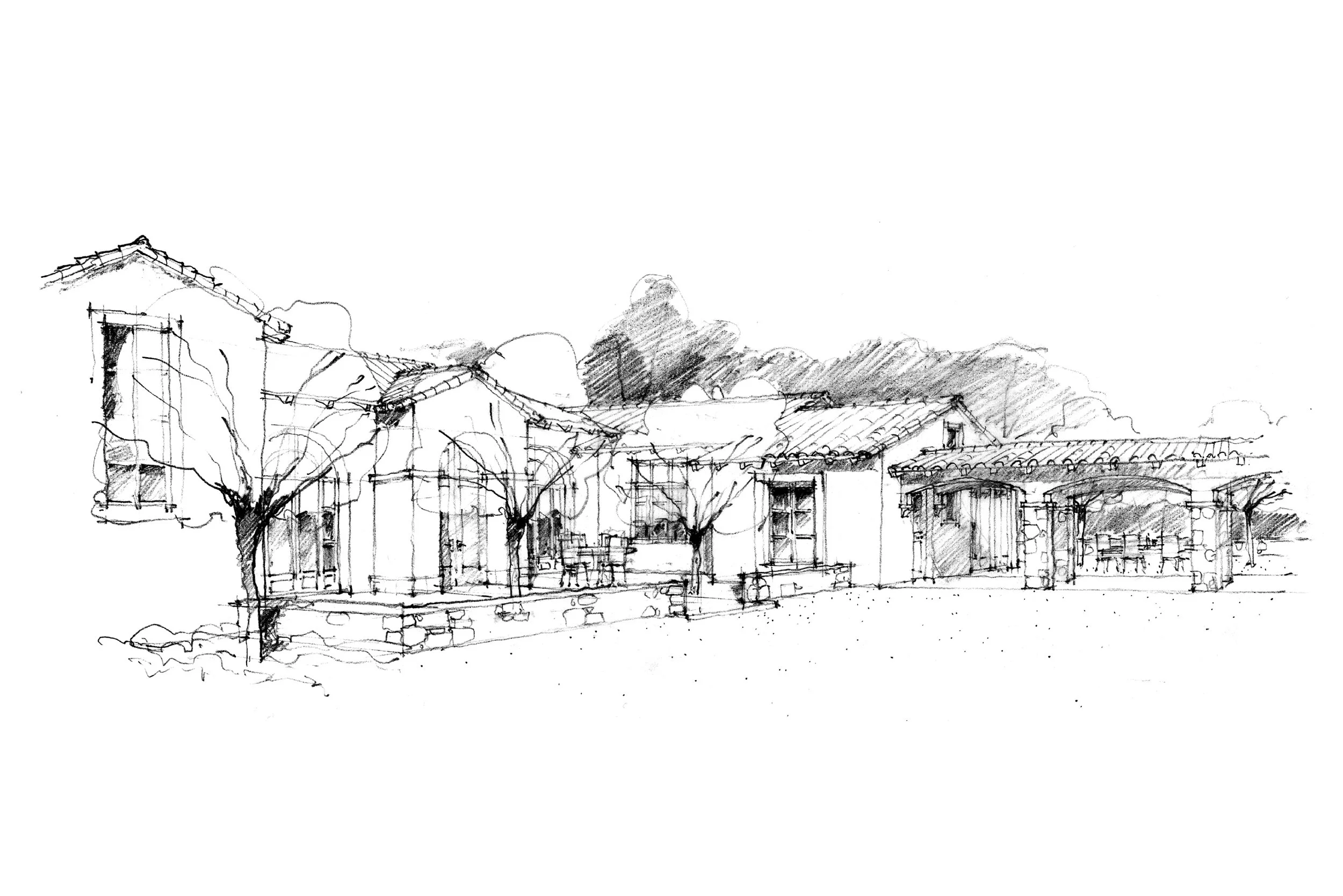 A hand-drawn sketch of a neighborhood scene with houses, trees, and mountains in the background, rendered in black ink on white paper.