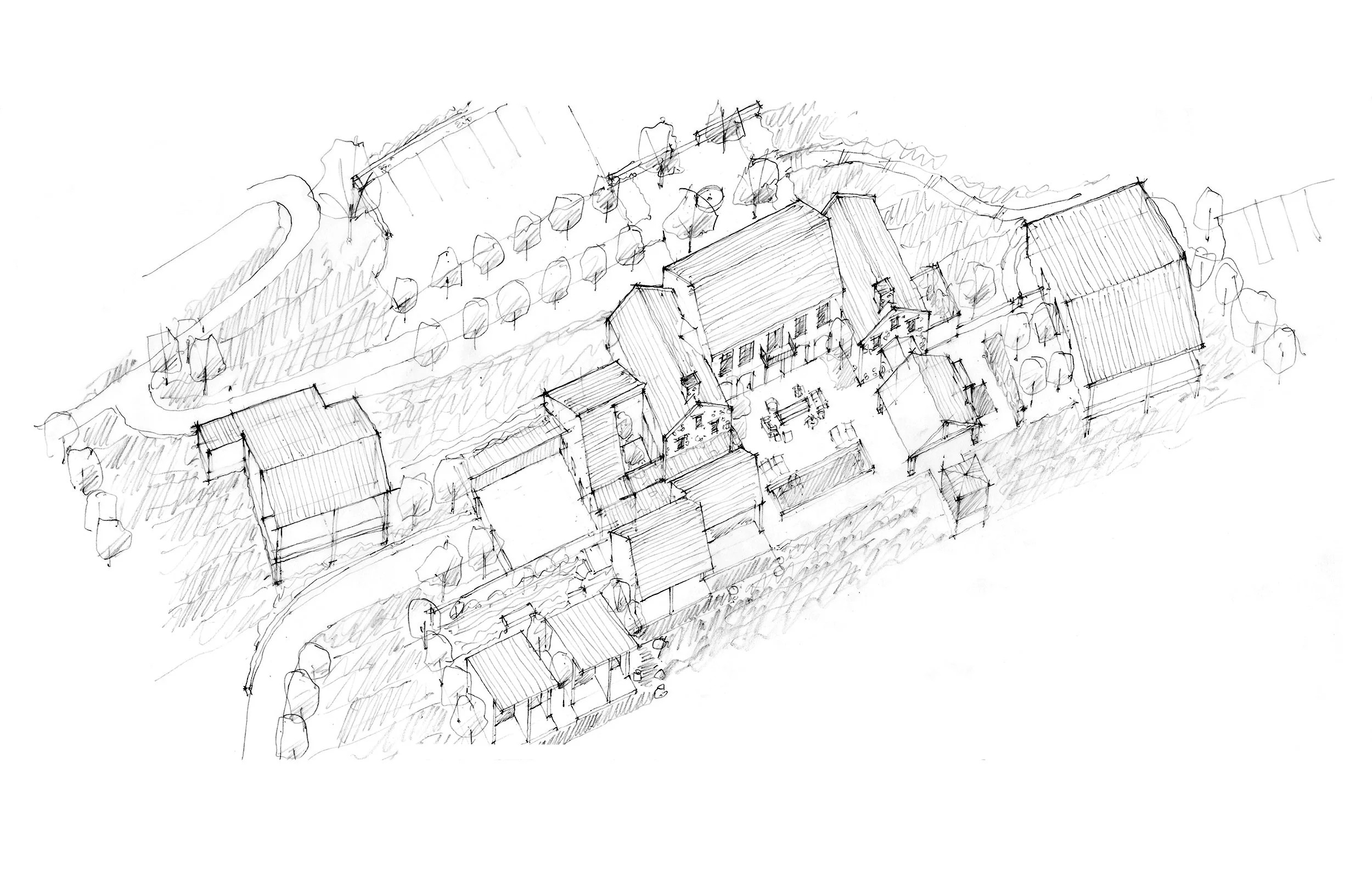 A birds eye view site sketch by Tom Taylor.