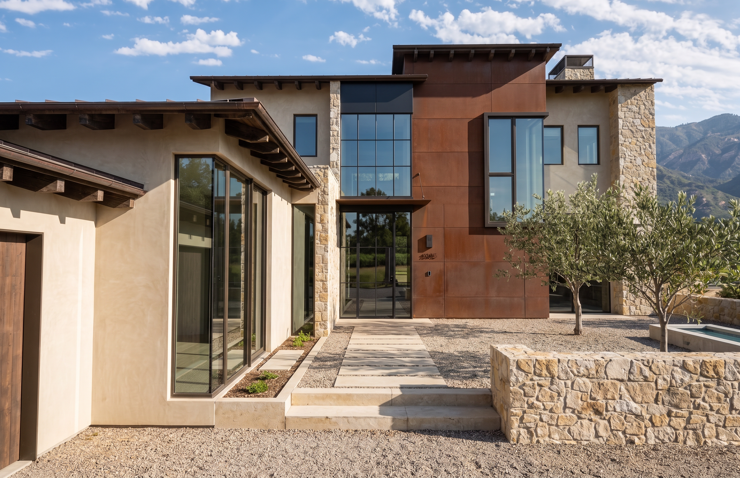 Modern house with stone, glass, and stucco exterior, multiple windows, and a landscaped front yard with a tree, against a backdrop of mountains and blue sky with clouds.