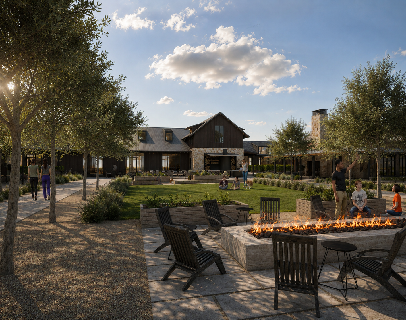 People enjoying outdoor patio with fire pit, trees, and a modern building under a blue sky with clouds.