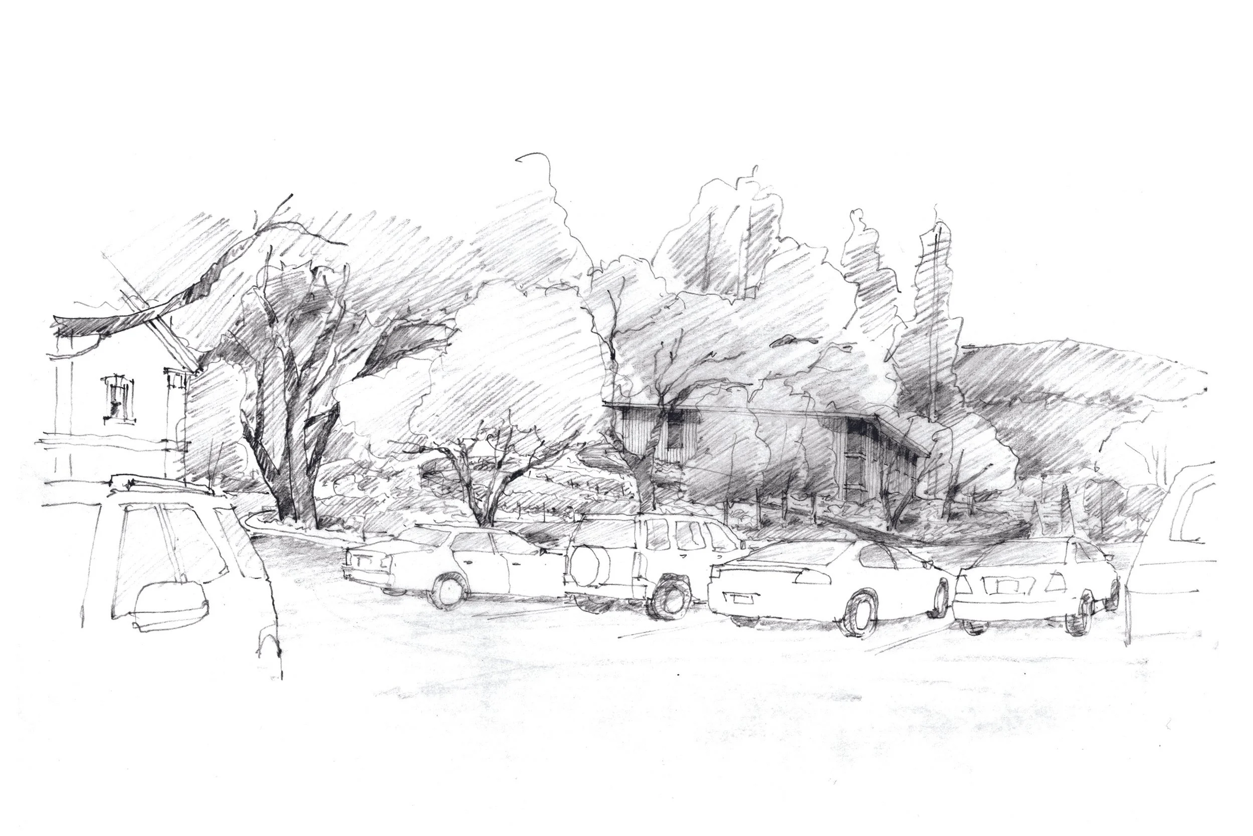 A pencil sketch of a scene with trees, houses, and parked cars.