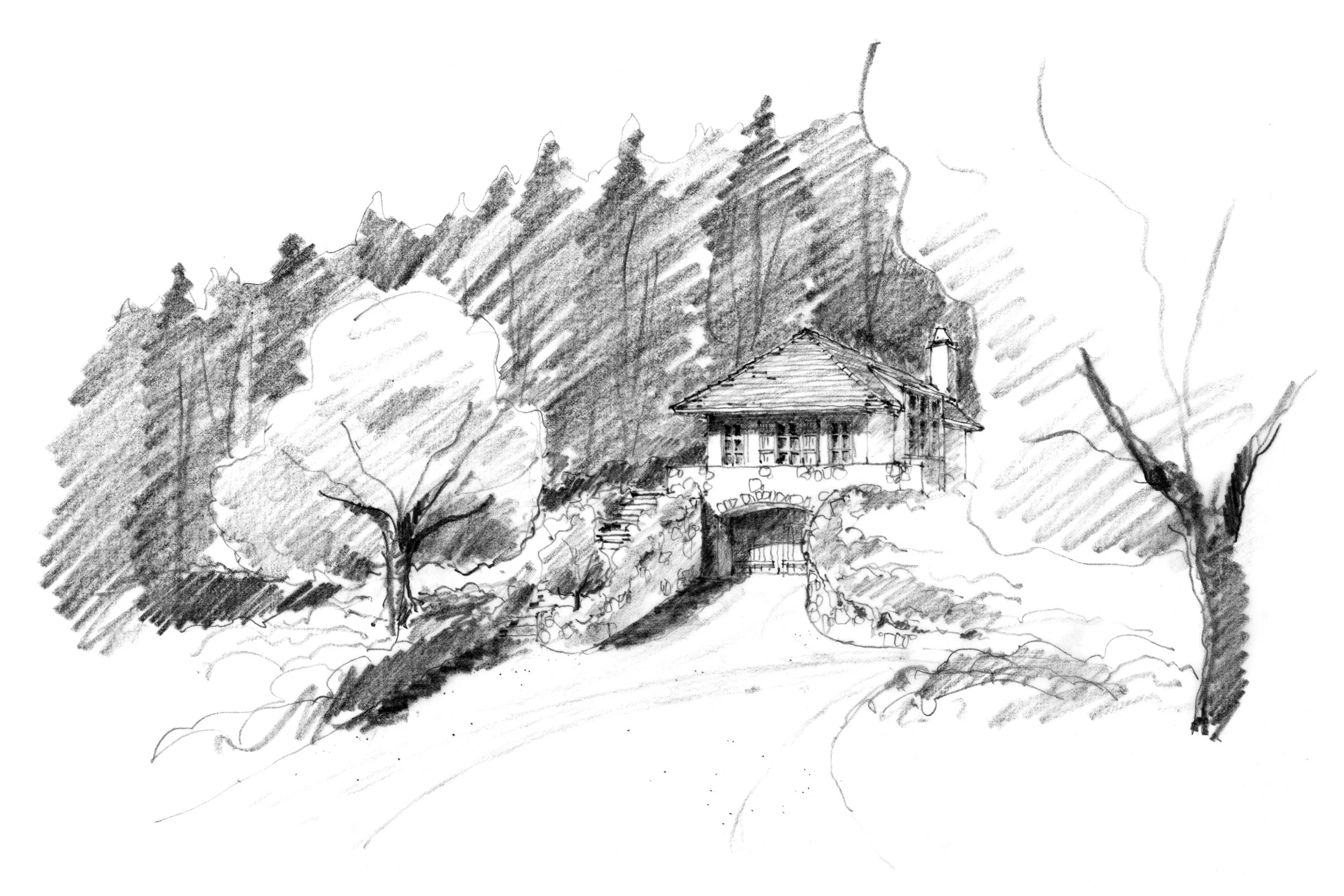 A black and white sketch of a house on a hillside, surrounded by trees and dense forest, with mountains in the background.