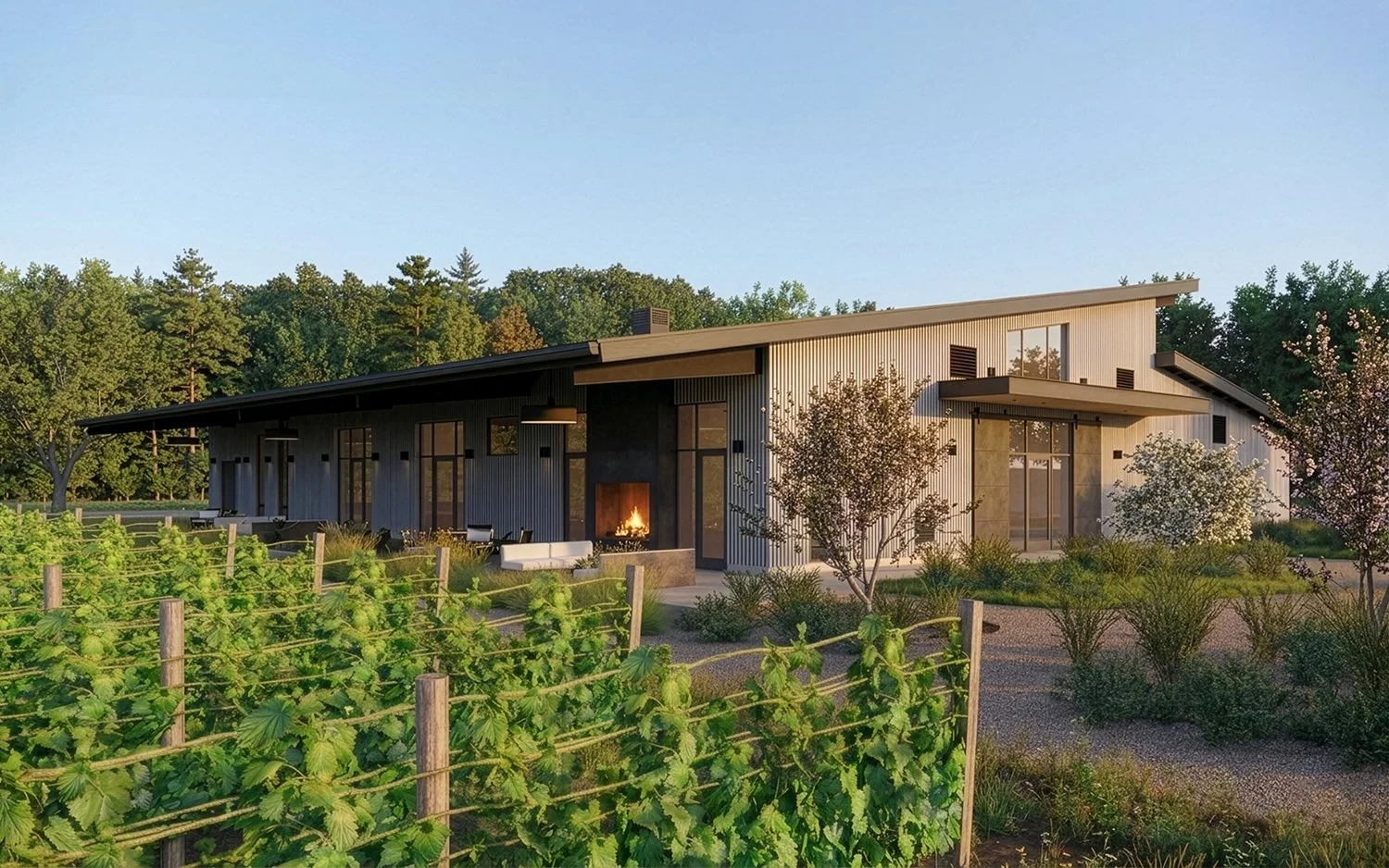 Modern house with large glass doors and a fireplace, surrounded by trees and flowering bushes, with a vineyard in the foreground.