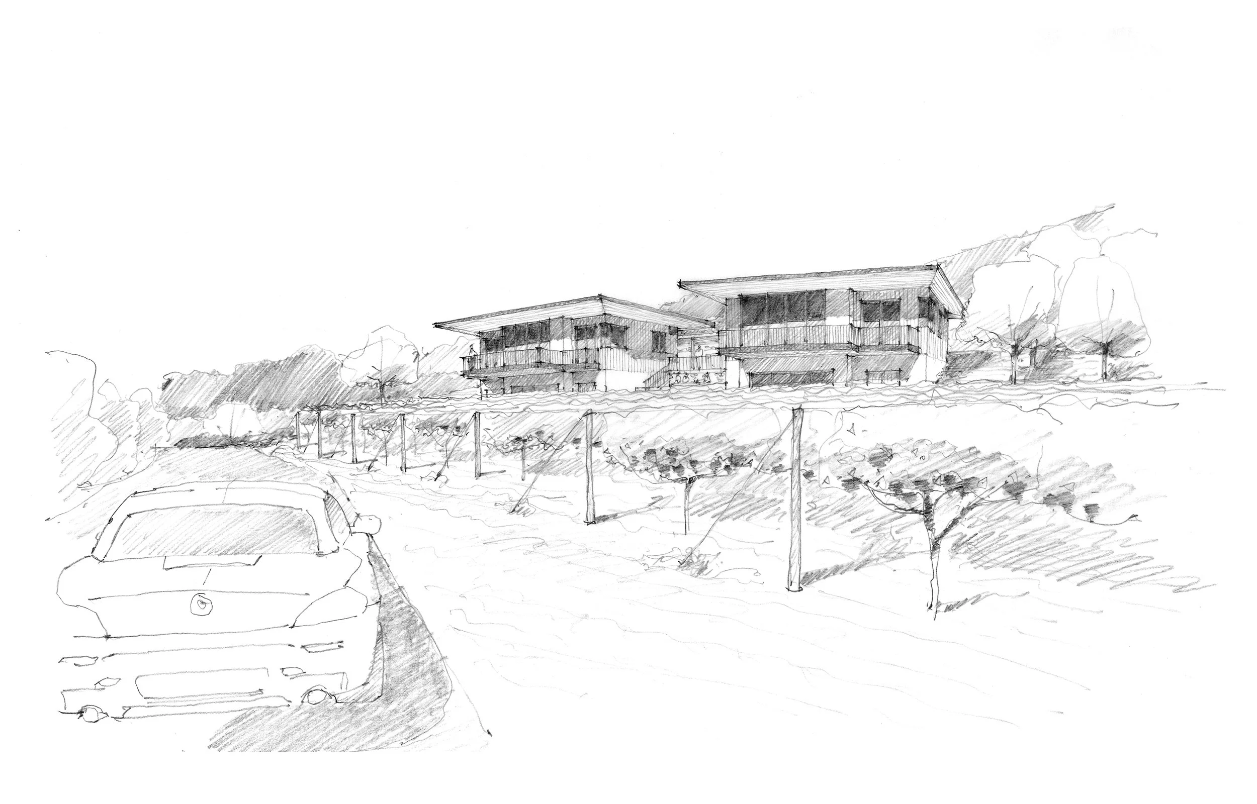 A detailed sketch of cottages by Tom Taylor.