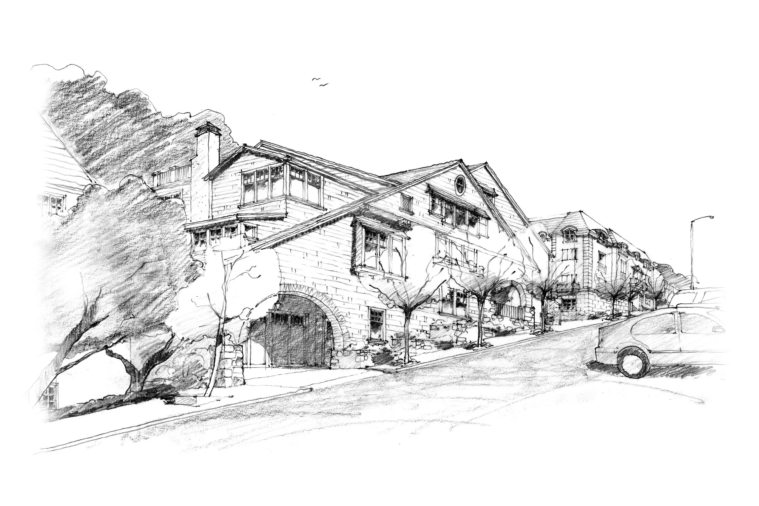 A detailed sketch of a San Francisco Shingle Style custom residence by Tom Taylor.