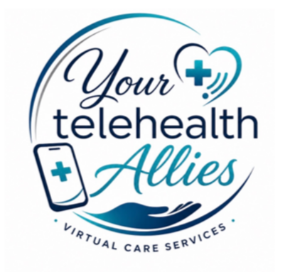 Your telehealth Allies logo with a heart and cross, a mobile phone with a cross, and a wave, representing virtual care services.