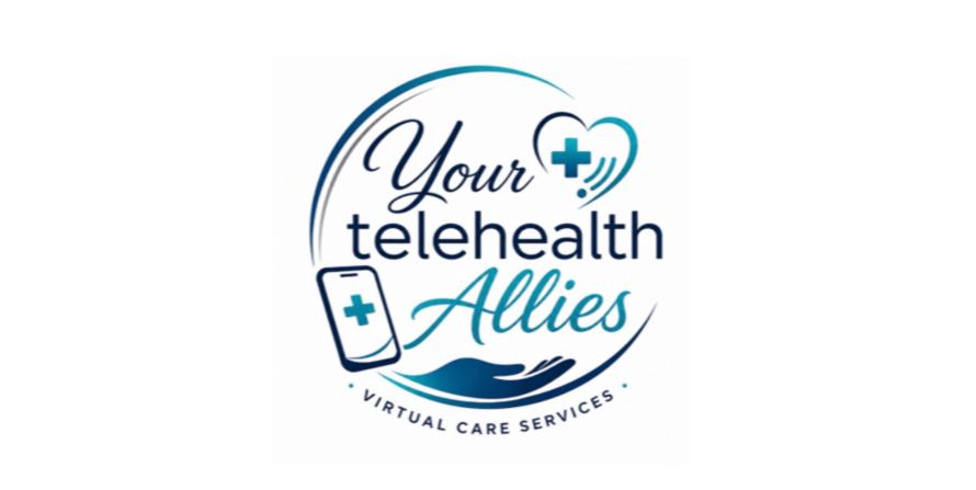 Logo for 'Your Telehealth Allies' featuring a heart with a wireless signal, a smartphone with a medical cross, and a wave element, with the tagline 'Virtual Care Services'.