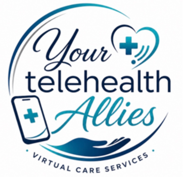 Logo for Your Telehealth Allies featuring a blue cross, a heart, a smartphone with a cross, and waves, promoting virtual care services.