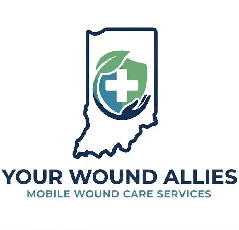 Outline of Indiana state with a shield containing leaves, a cross, and a hand, and the text "Your Wound Allies, Mobile Wound Care Services"
