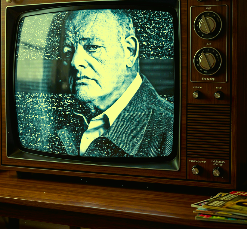 Black and white photo of an older man with a serious expression, displayed on an old-fashioned CRT television with wood paneling. The TV shows rain outside the window.