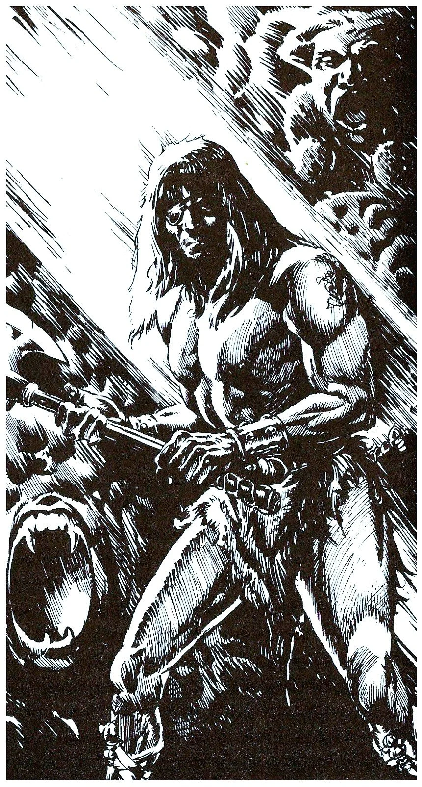 Black and white comic-style illustration of a fierce woman with long hair, holding a weapon, with a wolf's face seen in the background.