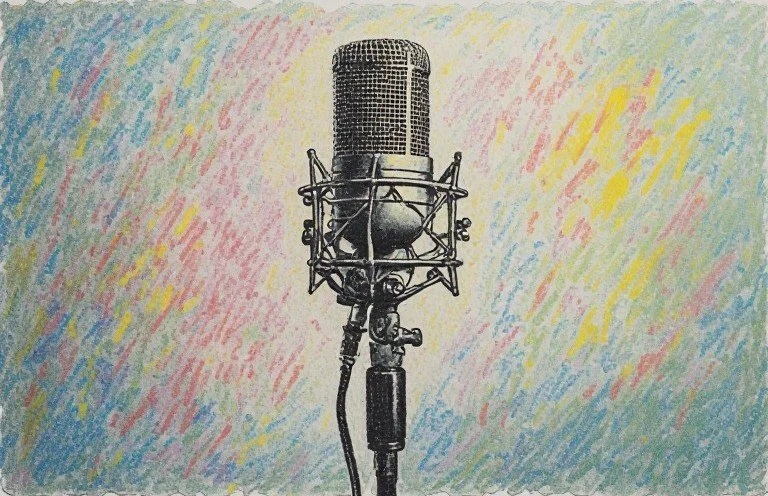 A detailed drawing of a vintage microphone on a stand with colorful, textured background.