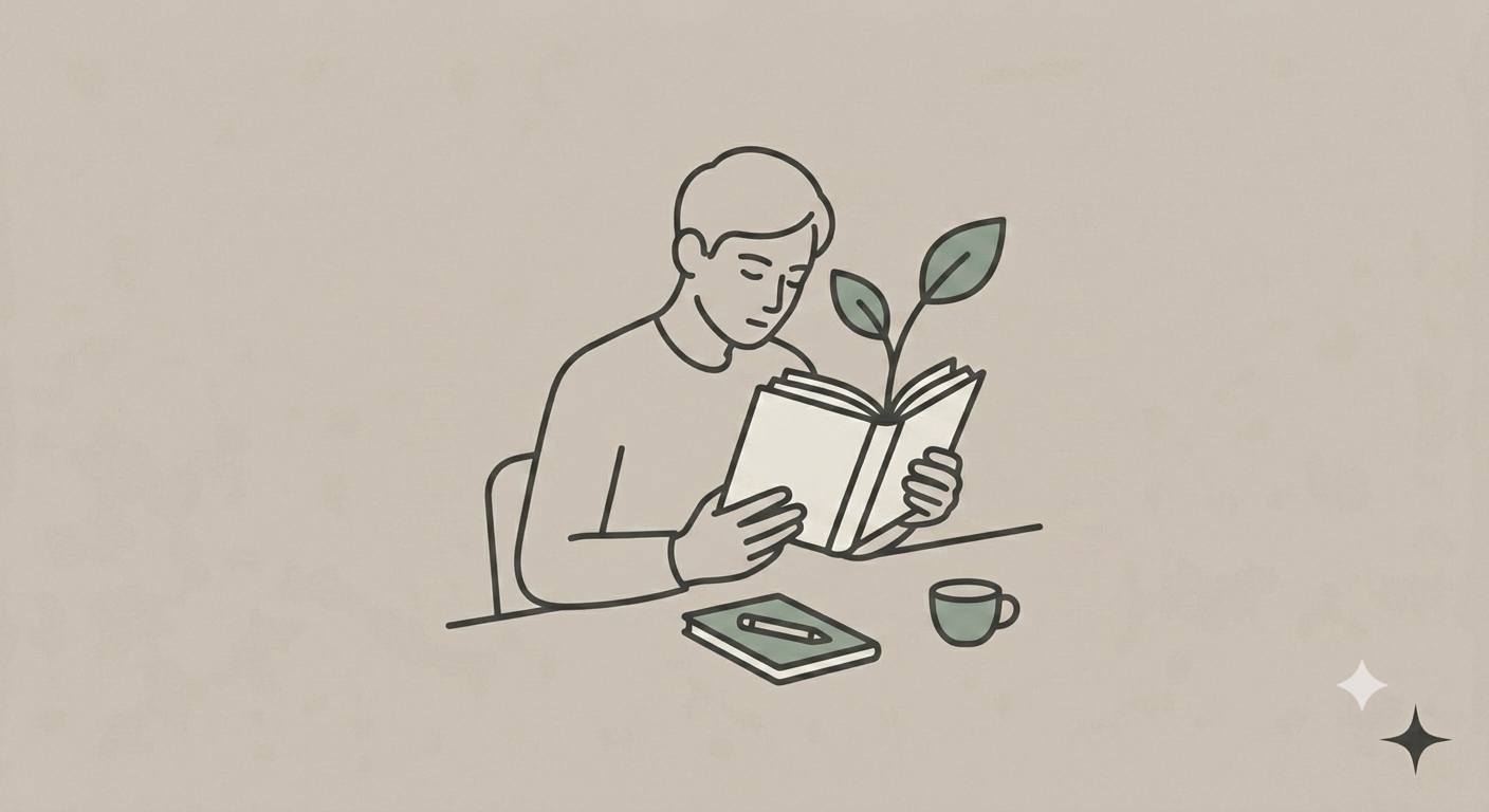 Line drawing of a person reading a book with a plant growing out of it, seated at a table with a closed book, pencil, and cup.