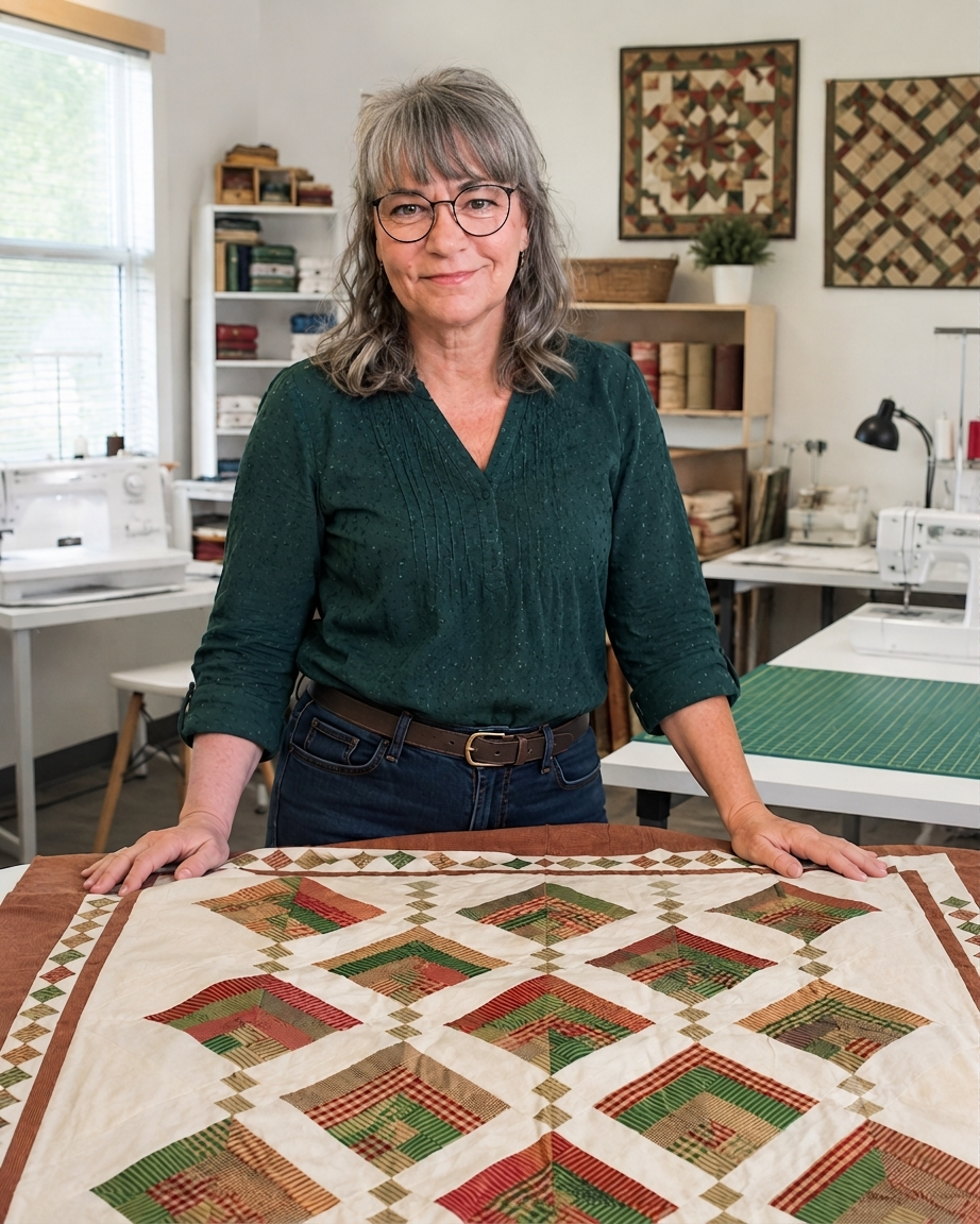 A woman with gray hair, glasses, and a dark green blouse standing behind a quilt on a table in a sewing room.