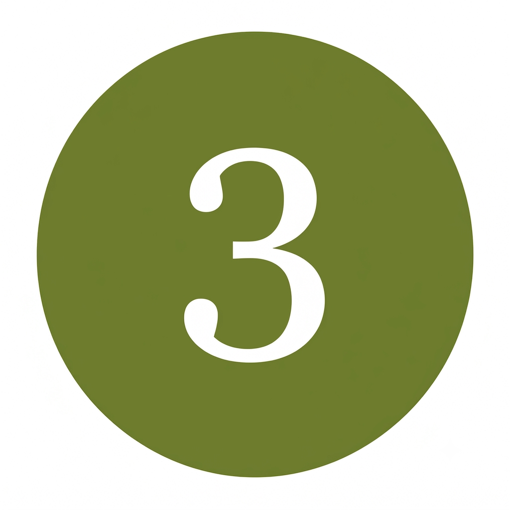 Green circular badge with the white number three in the center.