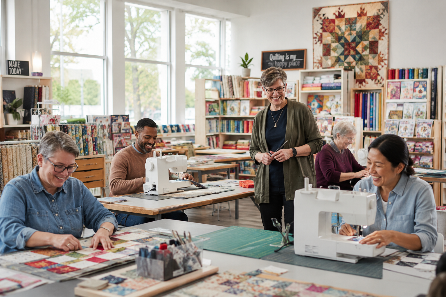 A group of people in a quilting class, sewing fabric blocks with sewing machines in a bright, colorful quilting store.