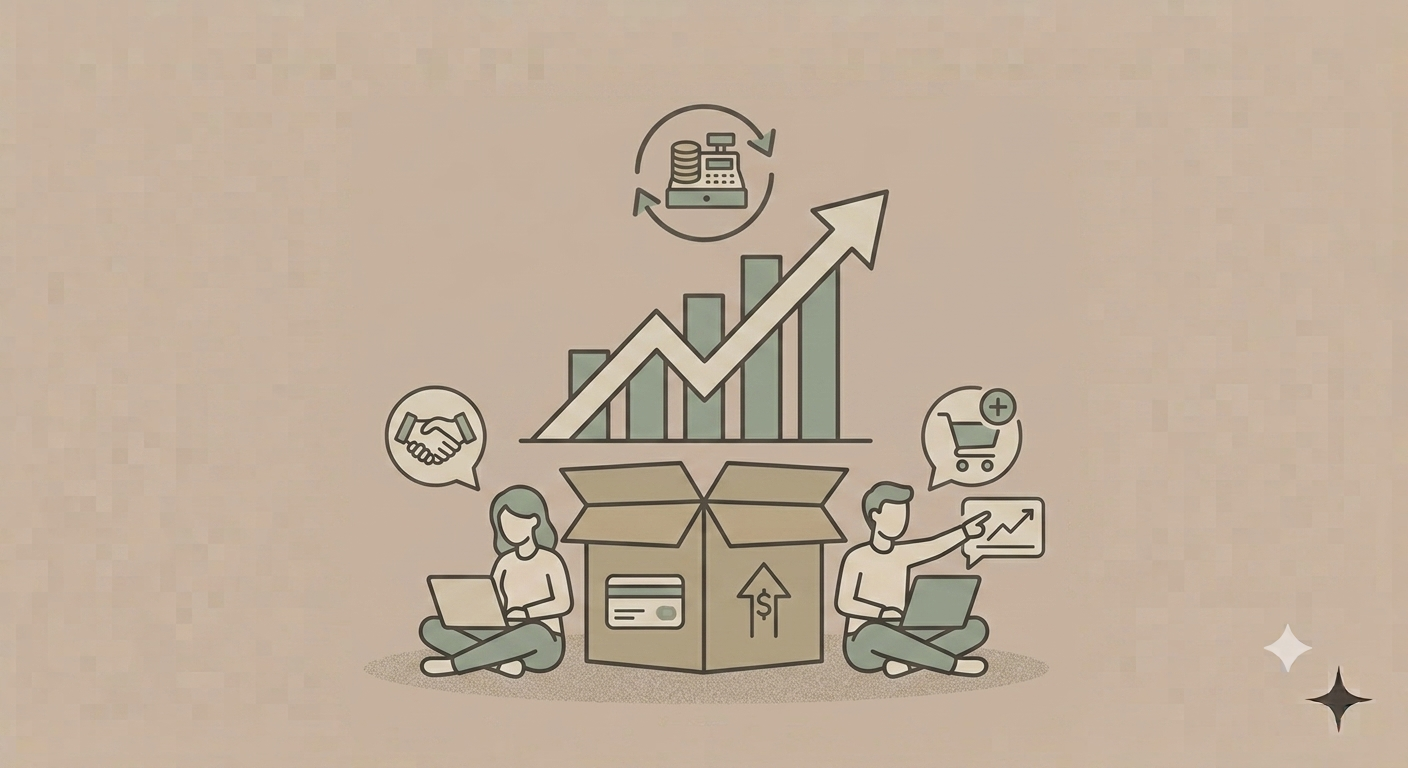 Illustration of two people sitting on the ground with laptops, surrounded by icons of a handshake, a shopping cart with a plus sign, and a stack of coins inside a circle. There is a large open box with an arrow pointing upward, a bar graph with an upward trend and a line with an arrow pointing up, indicating growth or success.