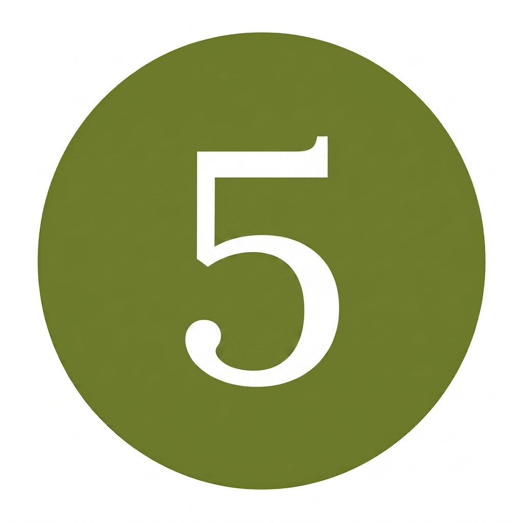 Green circular sign with the number five in white, indicating a route or location marker.