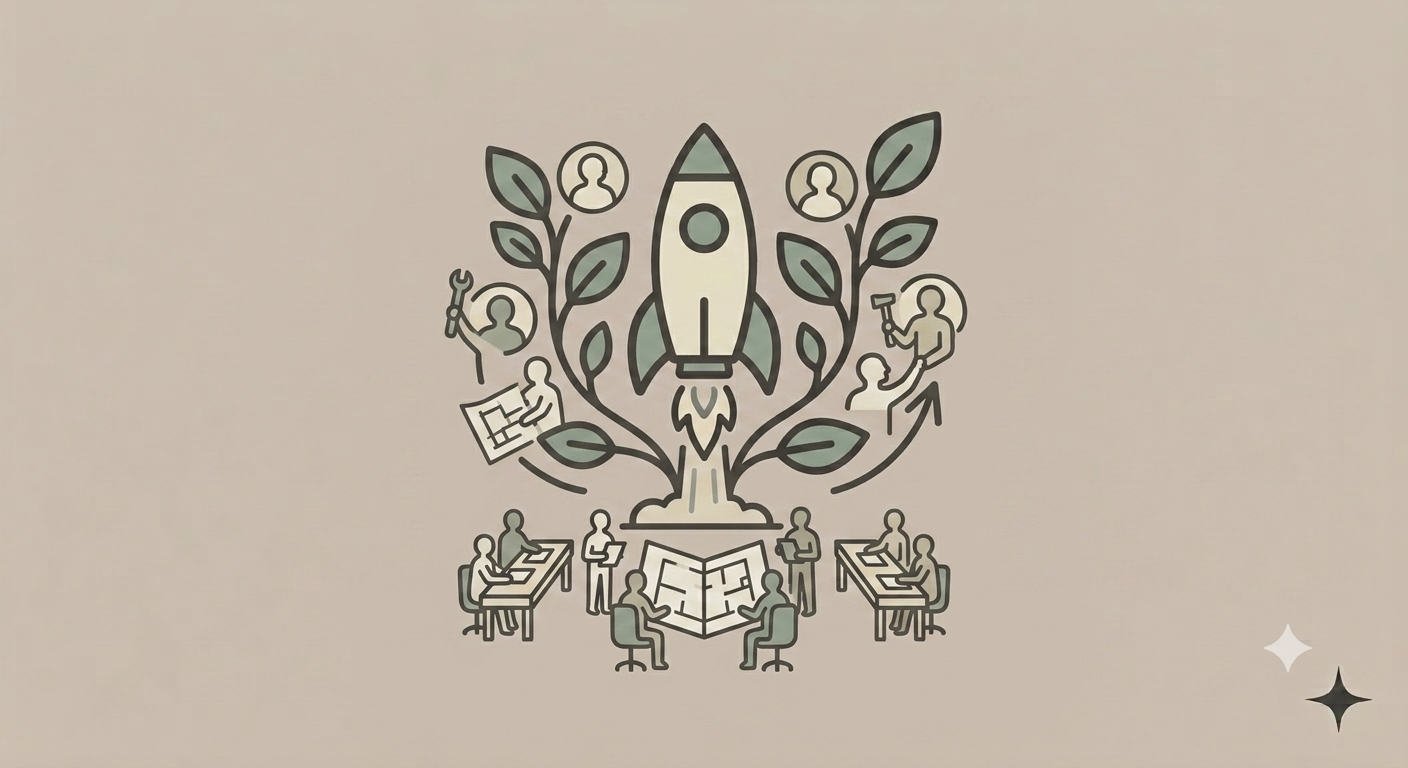 Illustration of a rocket launching from a tree with people working at desks and holding tools around it, symbolizing innovation and teamwork.