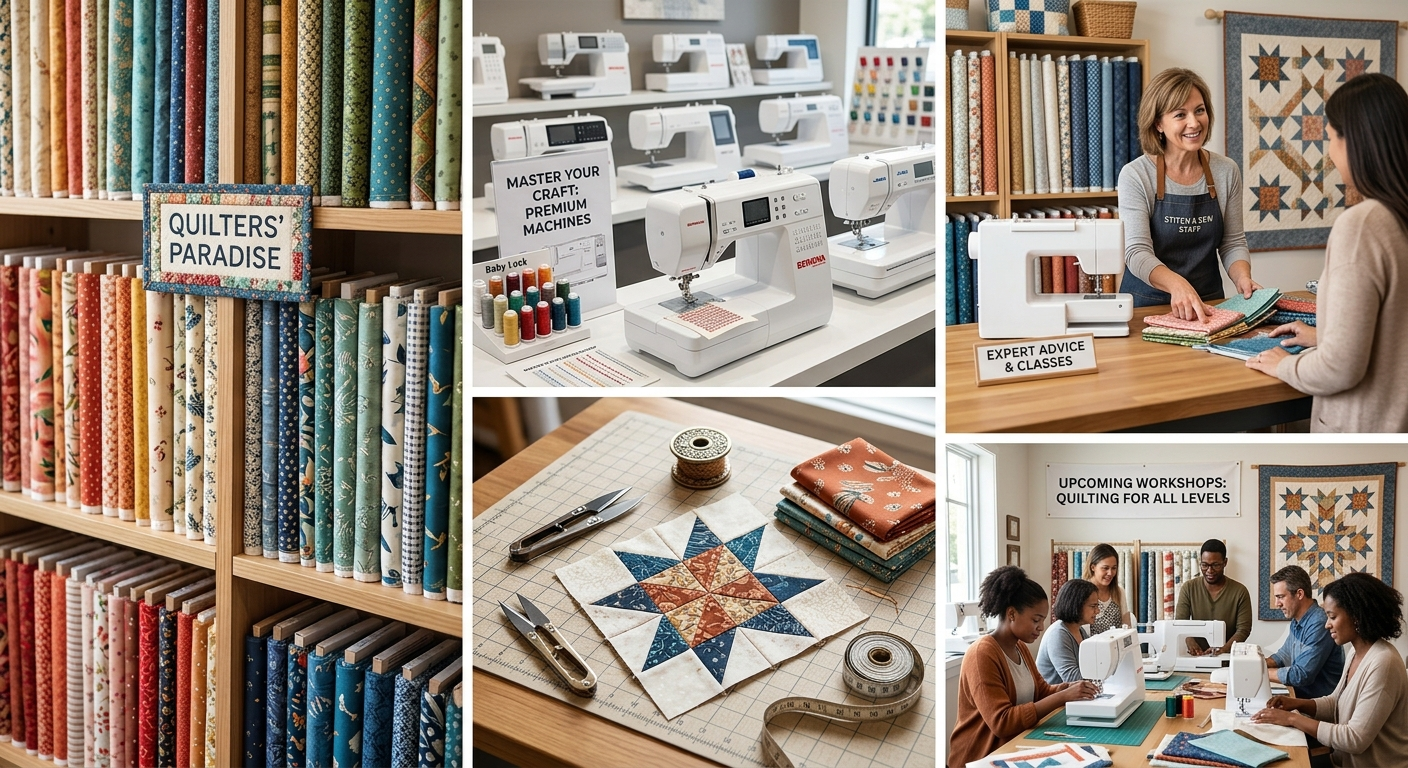 Collage of quilting supplies and classes. Image 1 shows shelves of colorful fabric bolts labeled 'Quilter's Paradise.' Image 2 features various sewing machines and a sign reading 'Master Your Craft: Premium Machines.' Image 3 shows a woman demonstrating a sewing machine to a customer at a store with a sign 'Expert Advice & Classes.' Image 4 displays a quilting project with fabric pieces, scissors, a measuring tape, and thread spools. Image 5 depicts a quilting workshop with people working on sewing projects and a sign 'Upcoming Workshops: Quilting for All Levels'.
