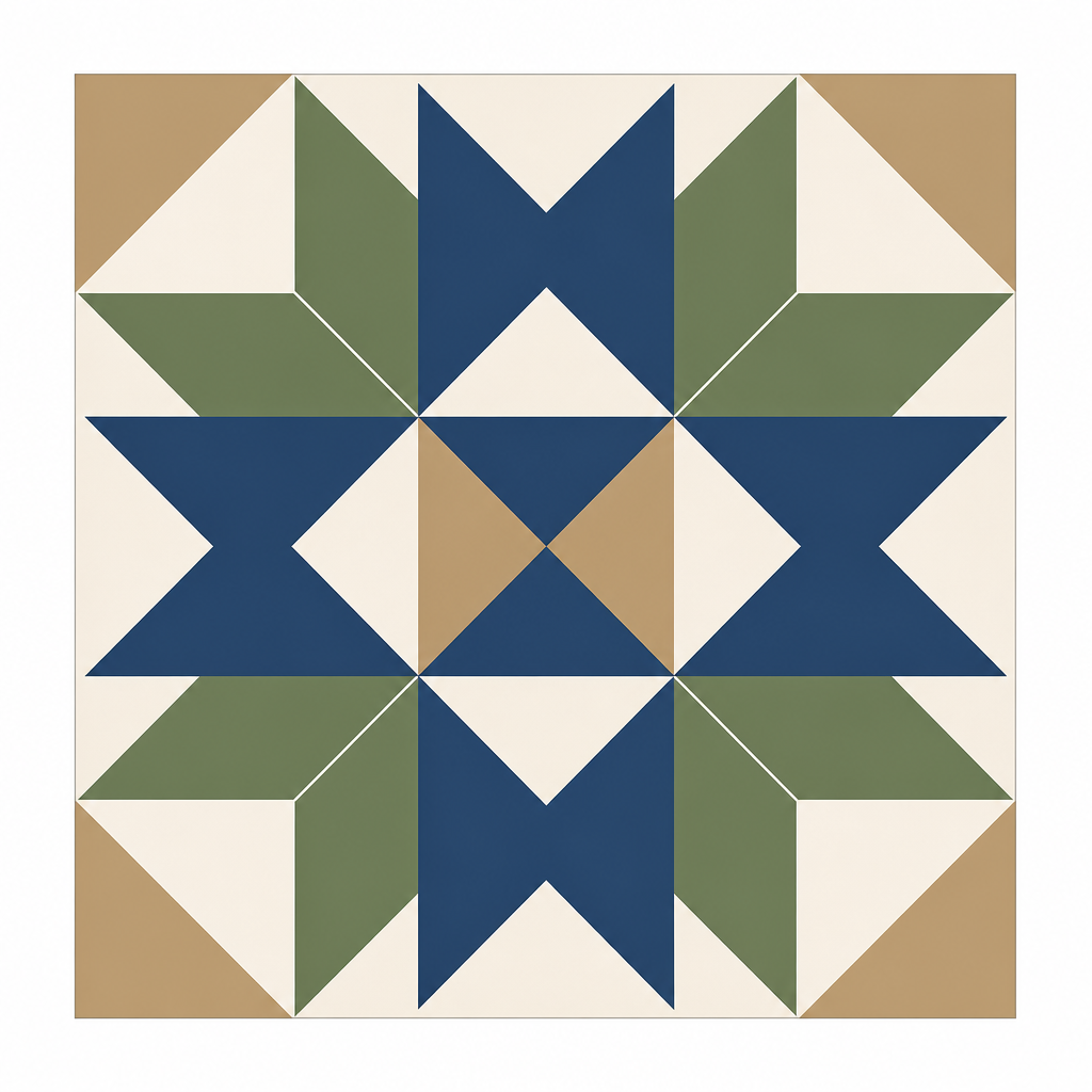 Geometric quilt with star and diamond patterns in blue, green, tan, and white colors.