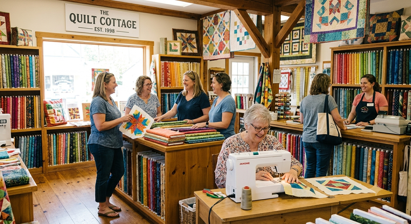 Inside a quilt shop called 'The Quilt Cottage,' with shelves of colorful fabric, quilting supplies, and people engaging in quilting activities, including a woman at a sewing machine and others discussing quilting projects.
